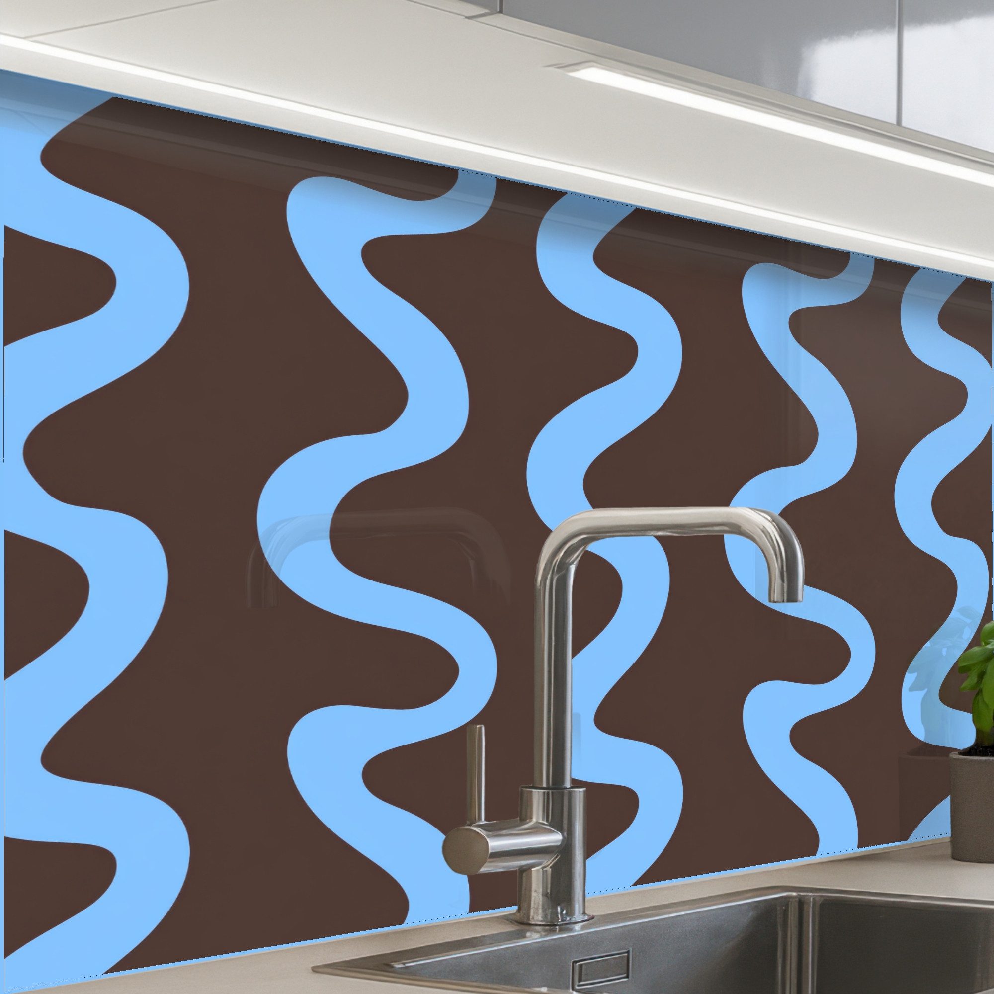 KitchenYeah Küchenrückwand Muster selbstklebend (keine Folie) Sich windende Linien - Blau - Braun, (1-tlg), Spritzschutz, Küche, Rückwand, Küchenwand, Küchenfront, 30x20 cm