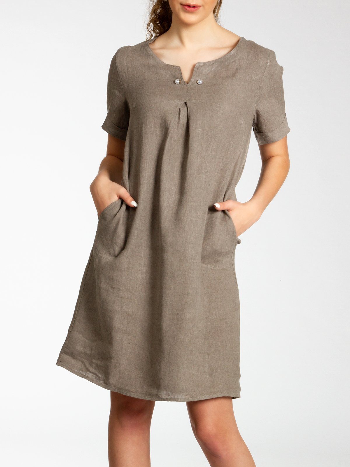 Caspar Sommerkleid SKL029 knielanges Damen Sommer Leinenkleid mit elegantem Perlen Dekor Luftig leicht, figurumspielende Form, mit seitlichem Jersey-Einsatz