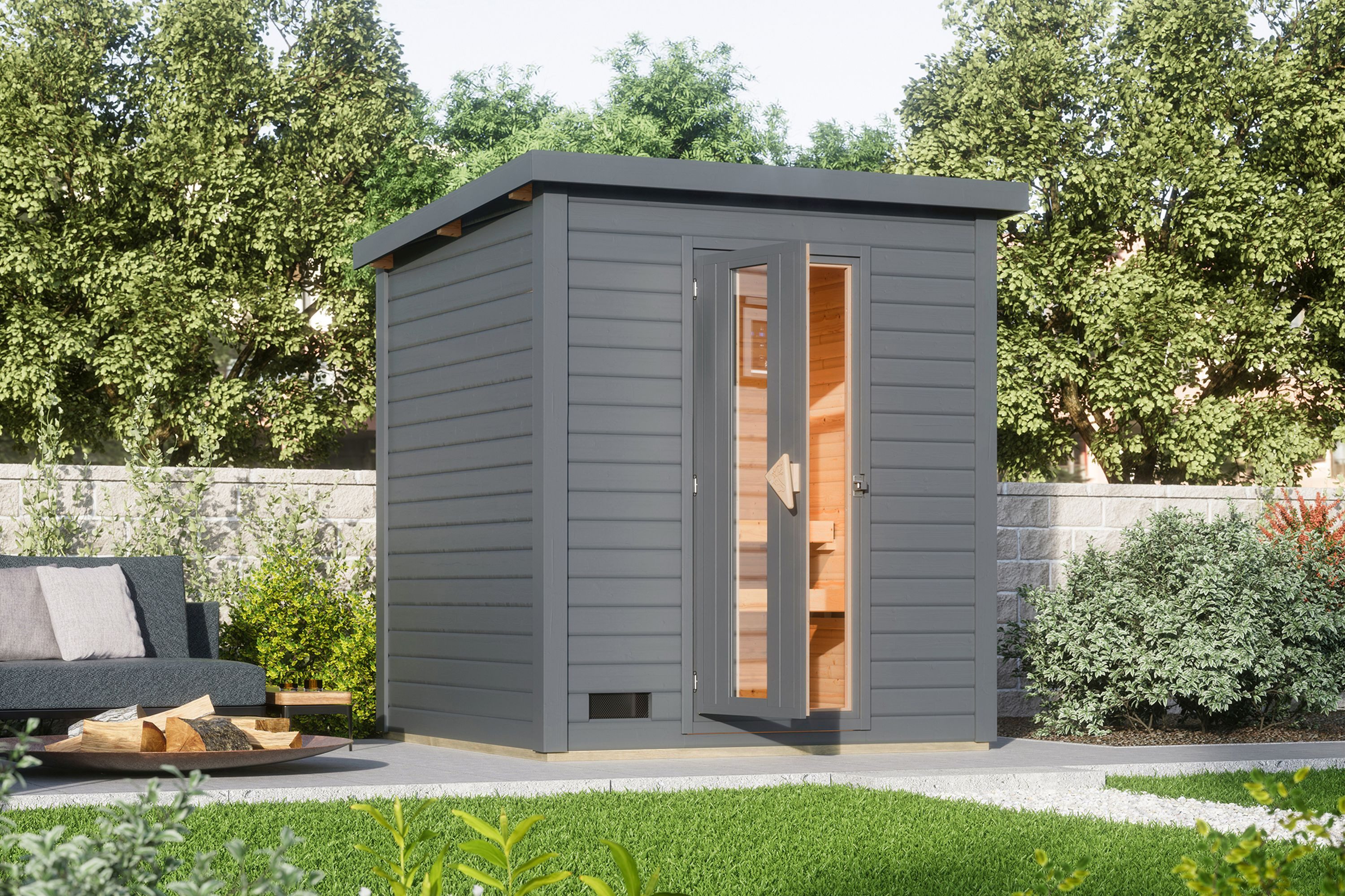 Saunahaus Saunahaus 38mm Melo 2 Ofen 9 kW integr. Strg terragrau