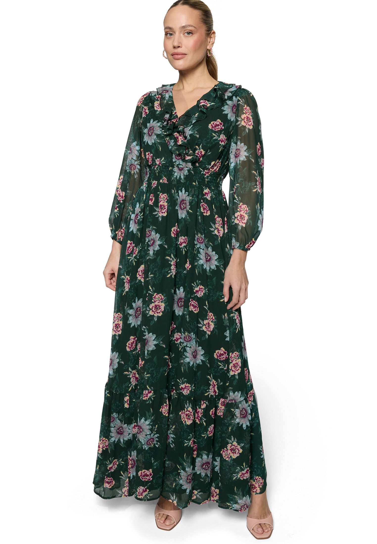 Zero Chiffonkleid Damen langarm mit Blumen Rüschen