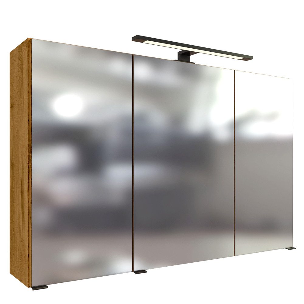 Lomadox Spiegelschrank MORISSON-03 Eiche 100 cm breit 3-türig 3D Effekt Aufbauleuchte 100/64/20 cm