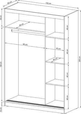 MOEBLO Kleiderschrank Borneo A2 (Wohnzimmerschrank 2-türig Schrank Gaderobe Schiebtüren, mit 2 Spiegel Schwebetürenschrank mit Einlegeböden und Kleiderstange) (BxHxT): 130/150x200x60cm