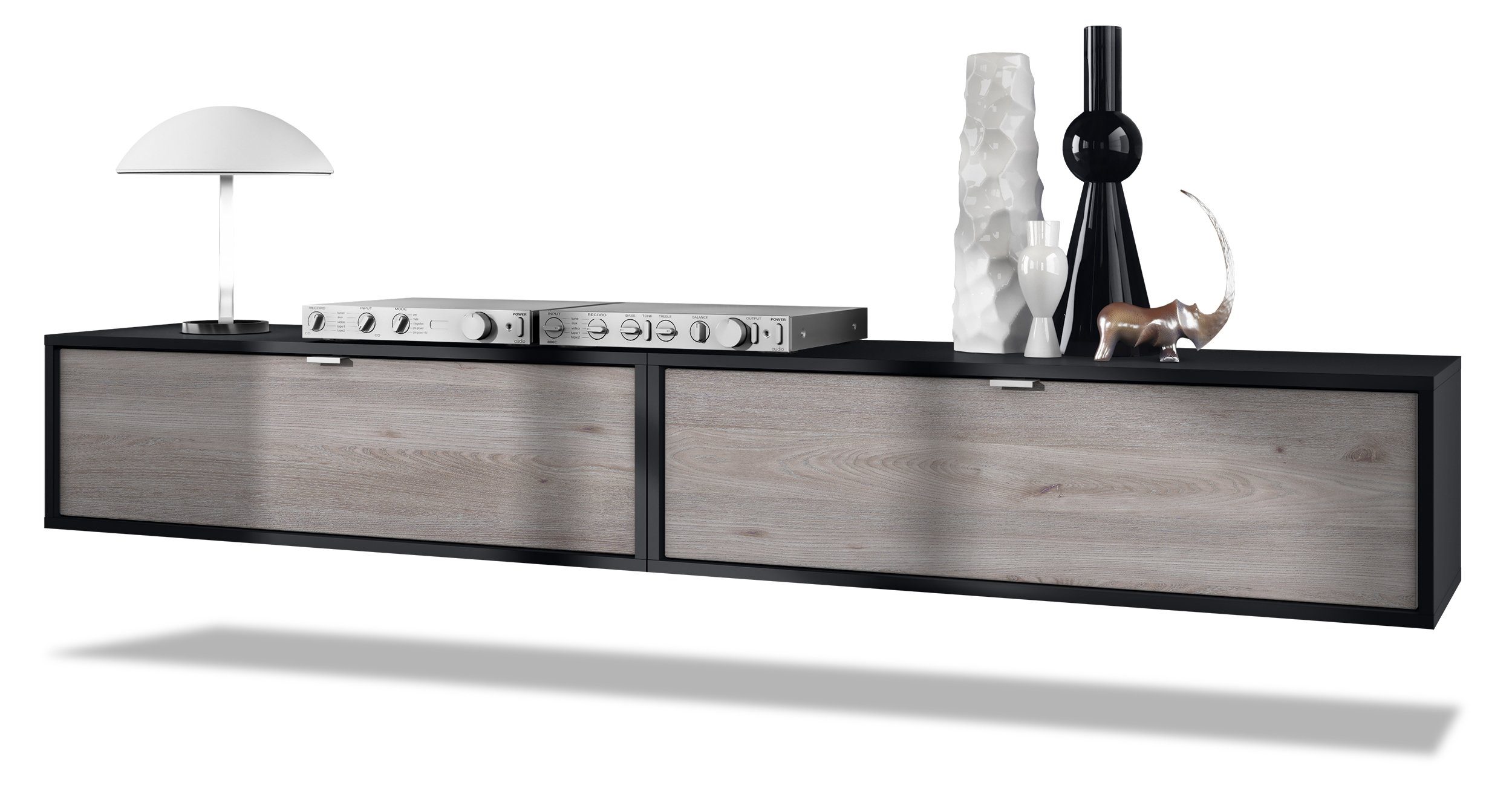 Vladon Lowboard Lana 1000 (2er-Set Tv-Kommode, mit Klappe), Schwarz matt/Eiche Nordic (100 x 29 x 37 cm)