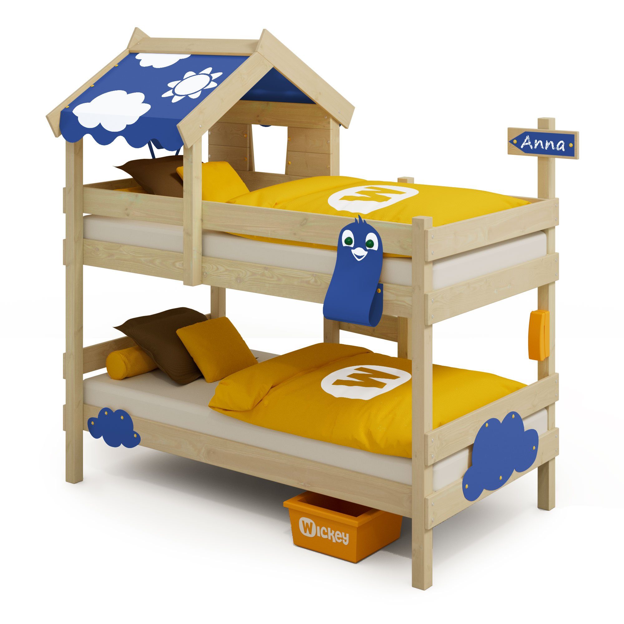 (Holzpaket Hochbett, mit 90 x Pfosten und Kinderbett blau aus 200 für Etagenbett Brettern, Crazy cm Kinder), Daisy Wickey - Spielbett Kletterleiter Massivholz