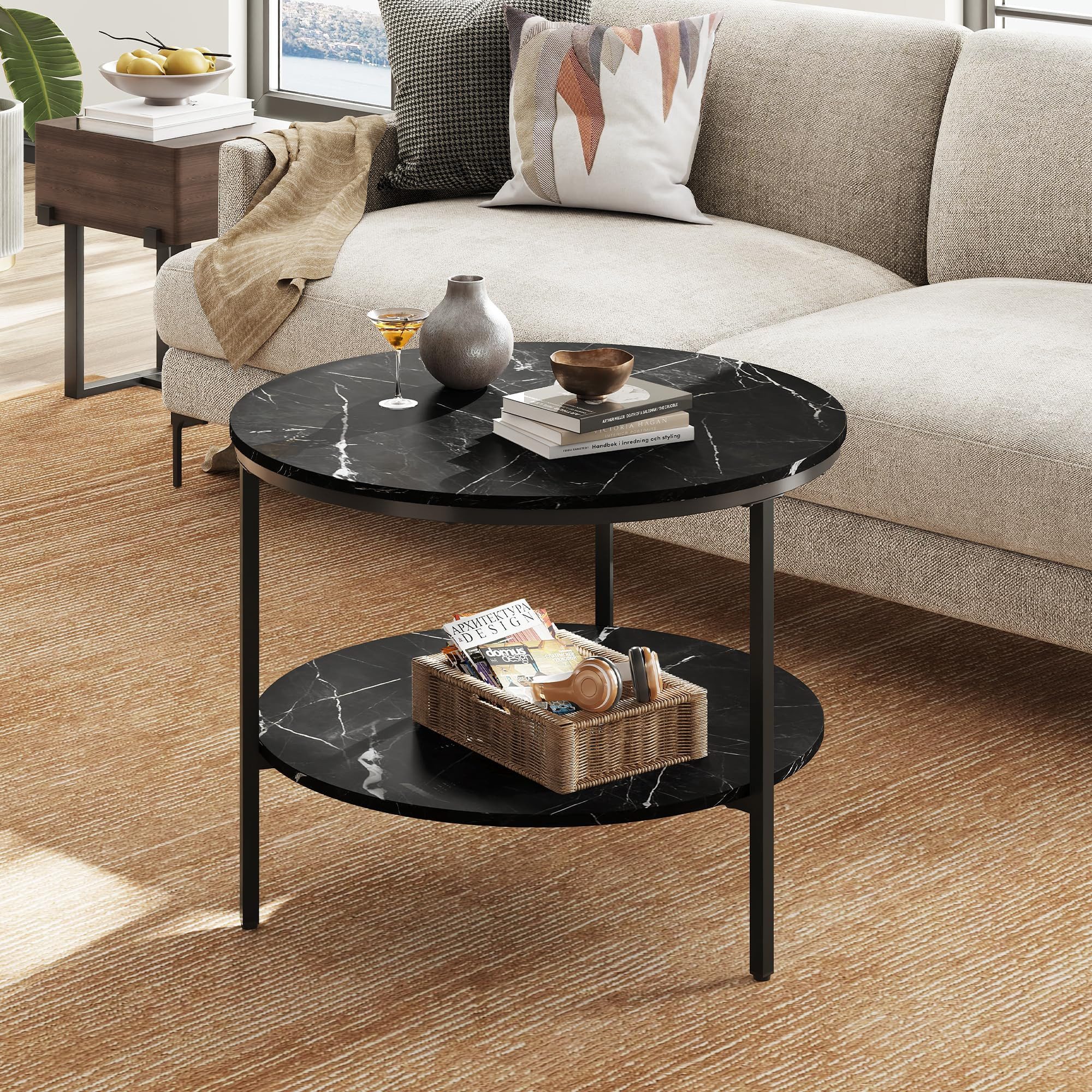 WLIVE Couchtisch Couchtisch rund mit 2 Ebenen, Beistelltisch Holz mit Metallgestell (1 Tisch), Wohnzimmertisch mit Metallrahmen, für Wohnzimmer, Schlafzimmer