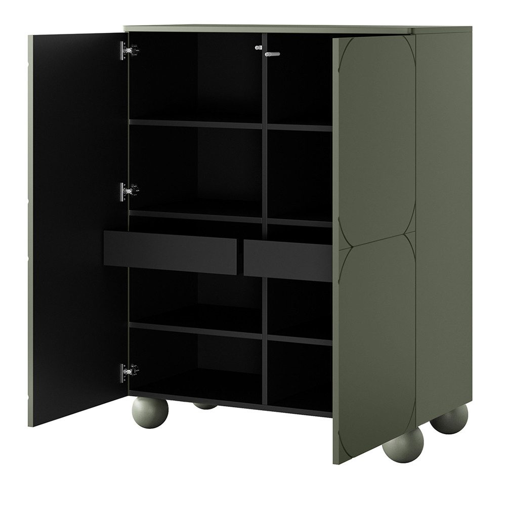 Lomadox Highboard SPLIT-141, oliv grün matt 120 cm Kugelfüße grifflos Push-to-open Softclose