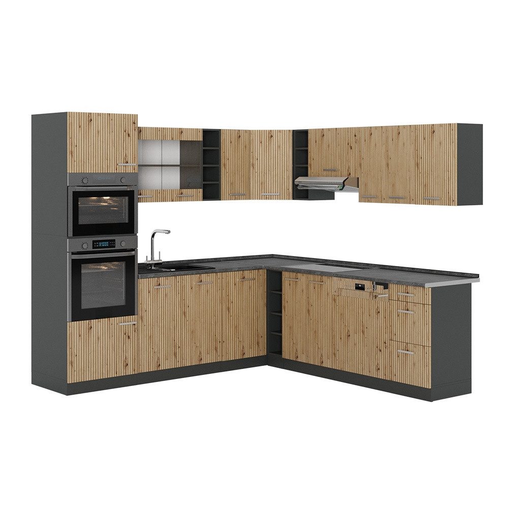 Vicco Winkelküche R-Line, Artisan-Eiche/Anthrazit, 247 x 237 cm ohne Arbeitsplatte