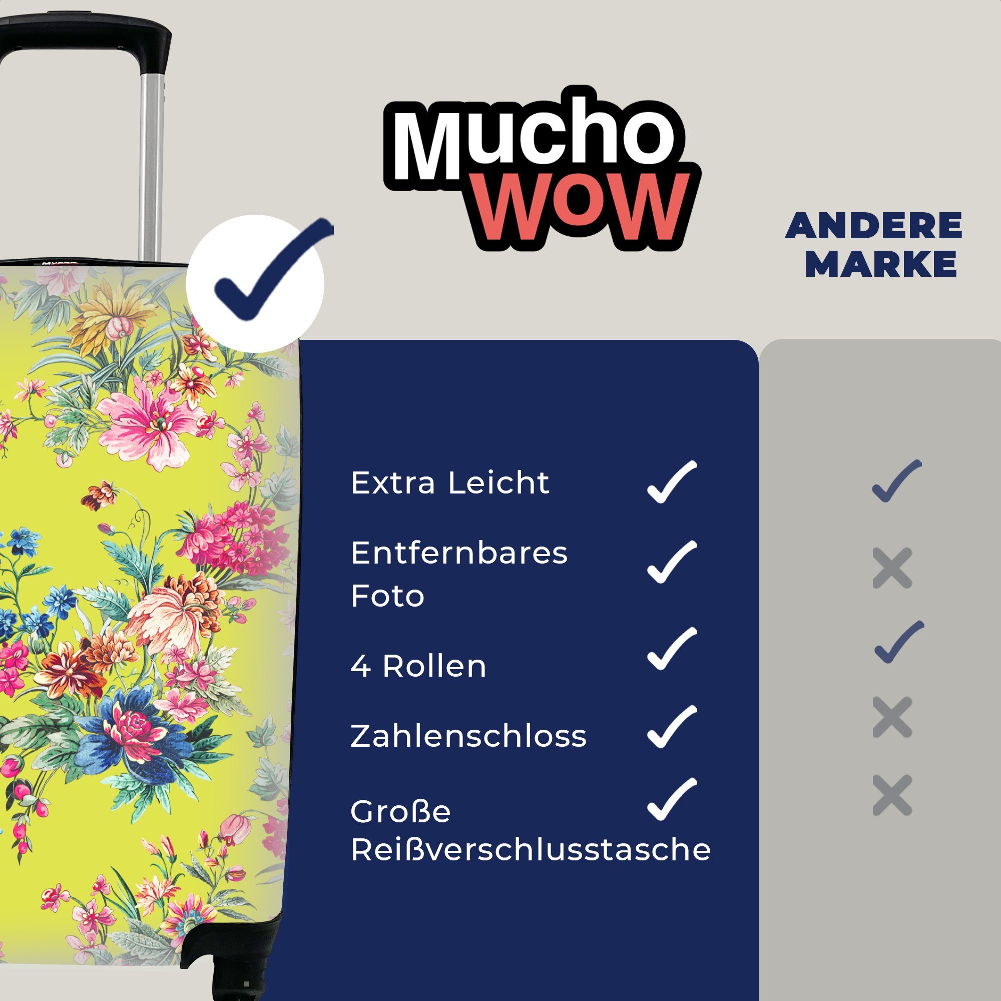 Reisekoffer für - Handgepäckkoffer MuchoWow Ferien, Trolley, Handgepäck Reisetasche Farben, mit rollen, Blumen Rollen, 4 Pastell -