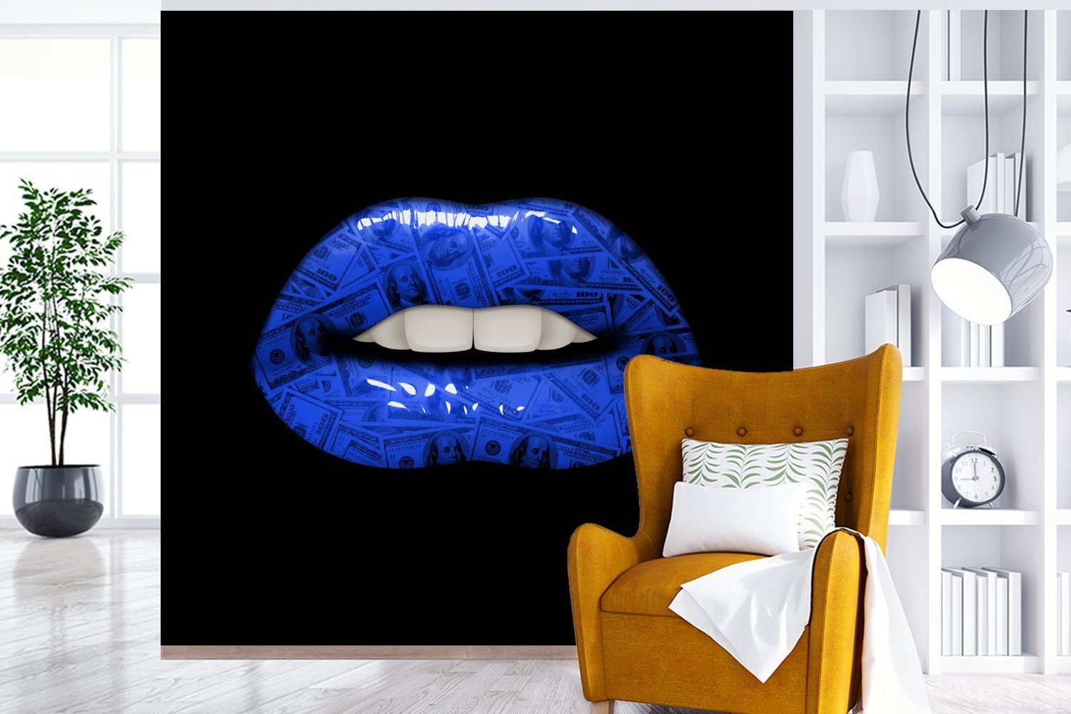 MuchoWow Fototapete Lippen - Geld St), Wandtapete Matt, - bedruckt, Wohnzimmer für oder Vinyl (5 Tapete Blau, Schlafzimmer