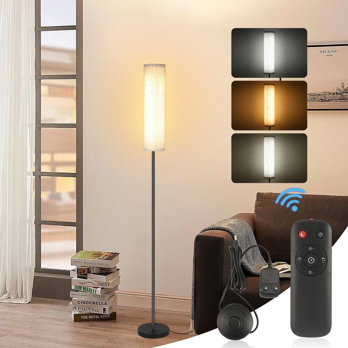 LETGOSPT Stehlampe 12W Standleuchte Modern Leselampe mit Leinen Lampenschirm, Fußschalter, LED fest integriert, Kaltweiß, Naturweiß, Warmweiß, LED Stehleuchte Retro Stehlampe für Wohnzimmer, Schlafzimmer