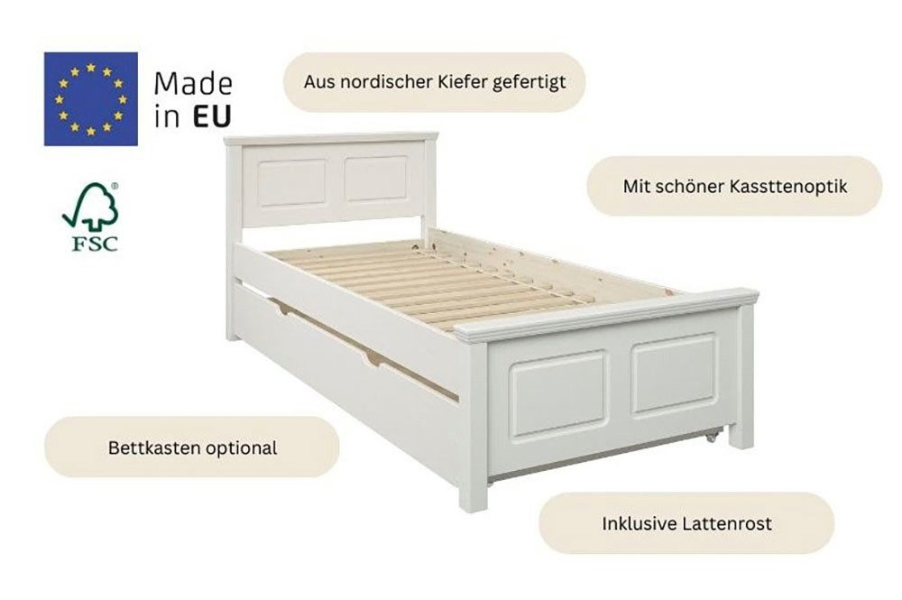 OTTO home Massivholzbett ERIK', Made in Europe, optional mit Schublade, Massivholz Kiefer (FSC® zertifiziert), in mehreren Größen, Landhausstil mit Kassettenopt – Bild 4 von 5