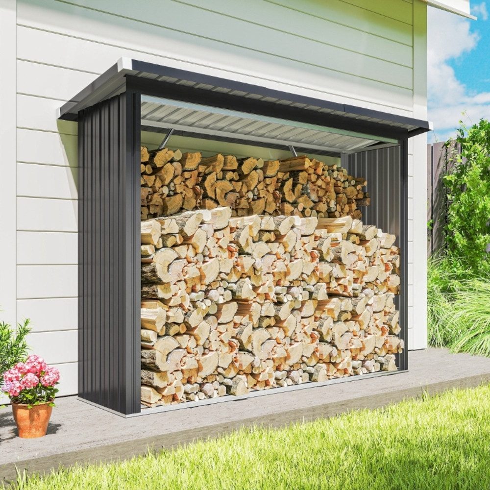 CHICFURN Kaminholzregal Feuerholzunterstand mit erhöhtem Boden & Schrägdach, BxTxH:213x66.5x150 cm, (Packung, 1-St., Brennholzschuppen 213x66,5x150cm in Dunkelgrau aus Stahl), Praktische Lagerung für Kaminholz auf Terrasse & Garten