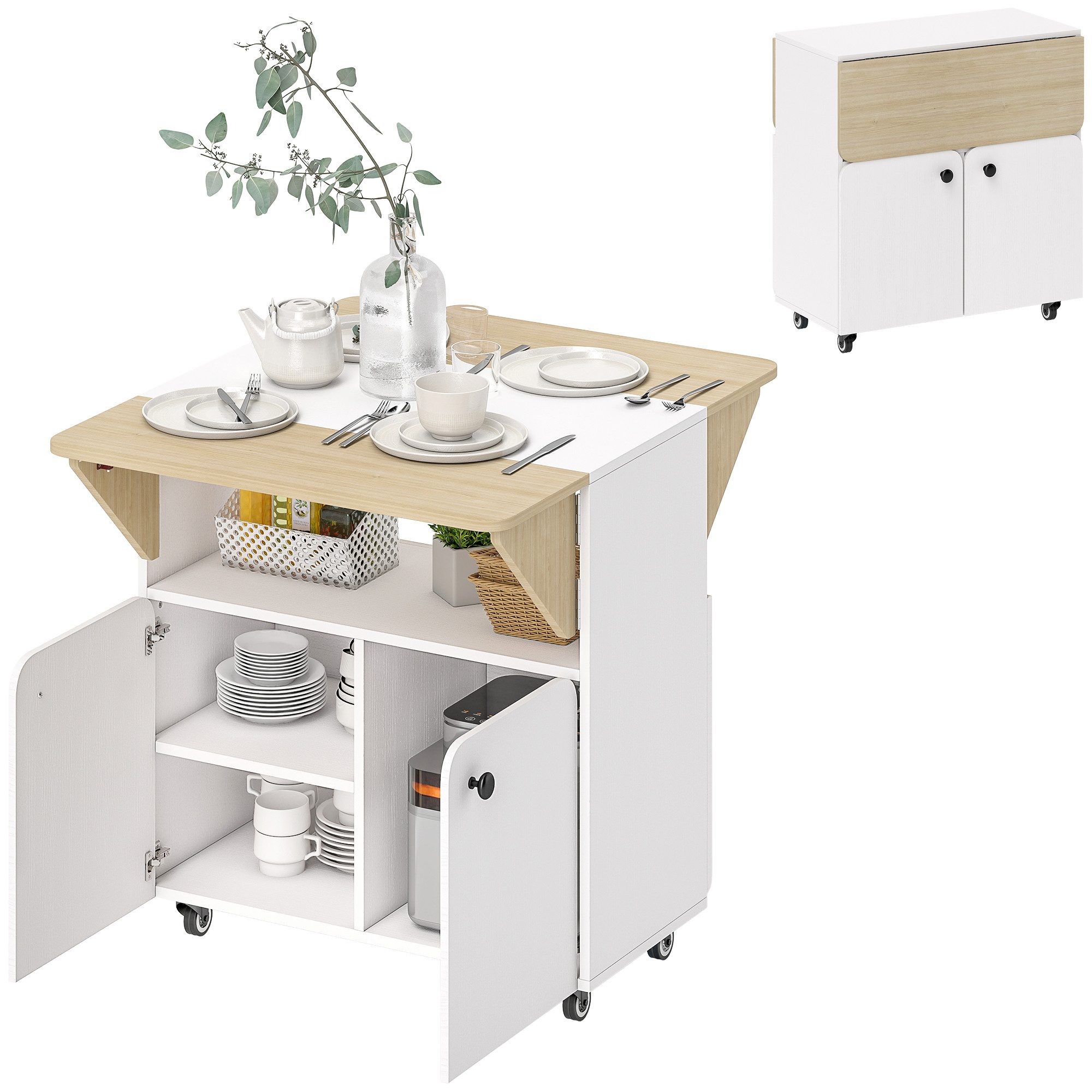 HOMCOM Esstisch Klappbarer Klapptisch mit Rolle, Stauraum, Esszimmertisch (mobiler Küchentisch, 1-St., Klapptisch für 2-4 Personen), für Kleine Räume, Esszimmer – Bild 2 von 5