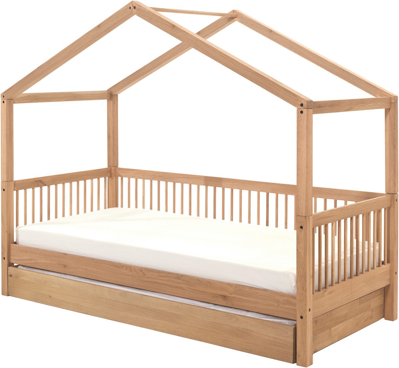 Vipack Hausbett (Made in Europe), aus massiver Eiche geölt, LF 90x200 cm, wahlweise mit Bettschublade