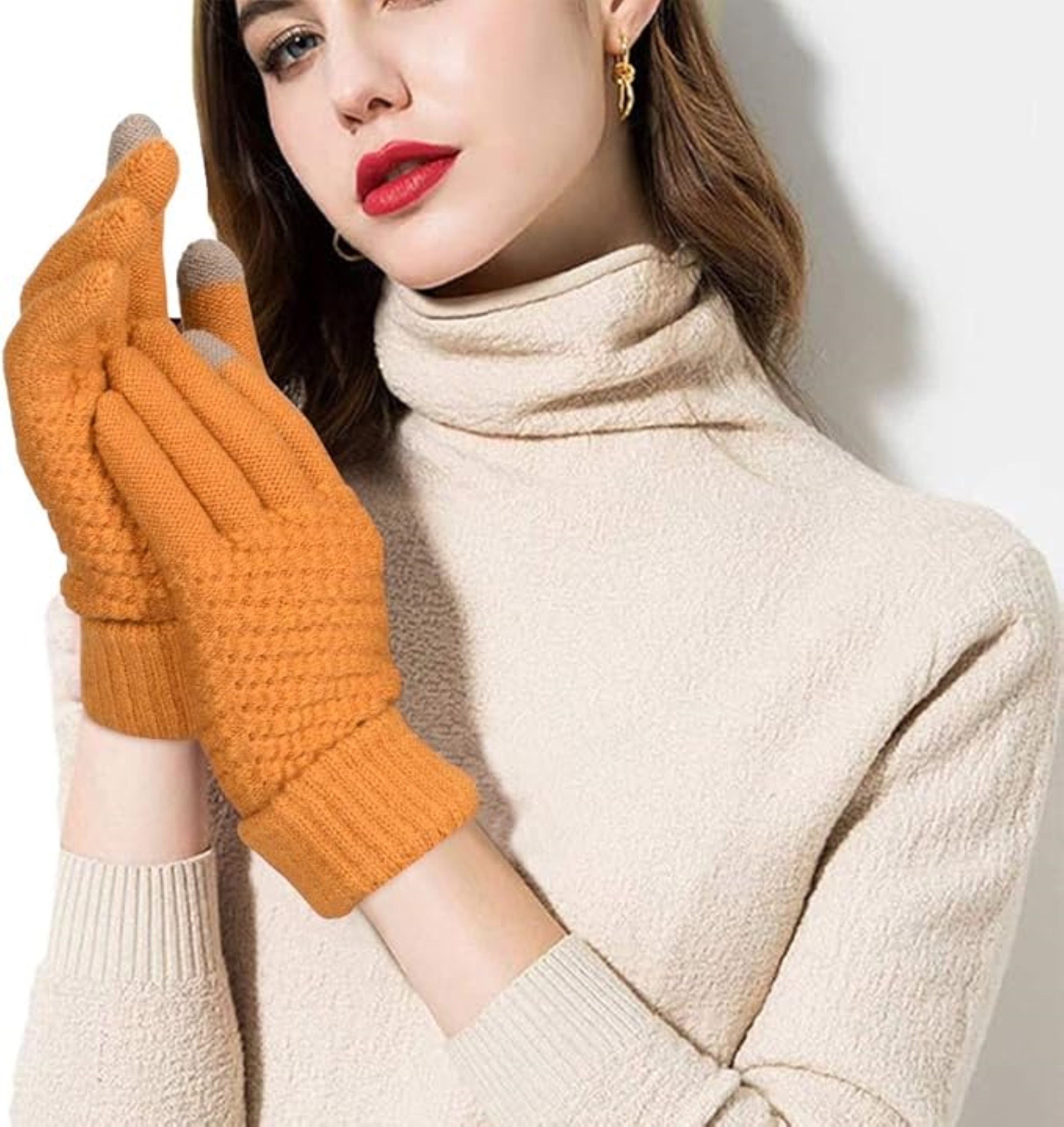 LA CUTE Strickhandschuhe Winterhandschuhe Strick warm Touchscreen Outdoor-Einsatz Orange (Winterhandschuh-Set mit Touch-Funktion & Isolierung, 1 Paar Damenhandschuhe – ideal für kalte Wintertage) Touchscreen-fähig & winddicht – ideal für Outdoor im Winter