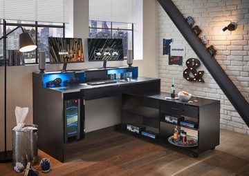 BEGA OFFICE Gamingtisch Highscore, Schwarz inkl. RGB-LED Farbwechsel, Computertisch mit Rollcontainer
