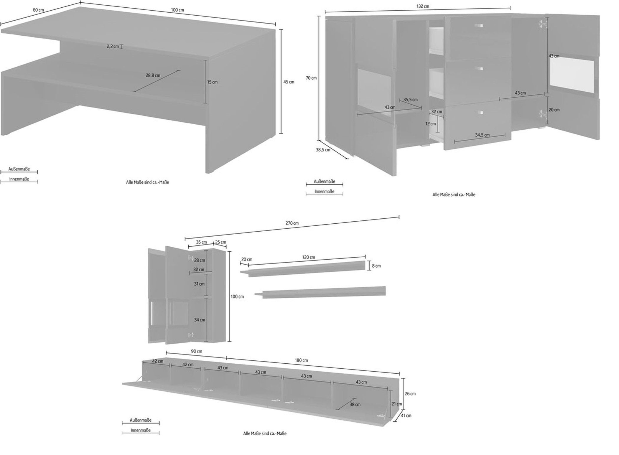 Athens, - 2 - 1 - Wandregale - 1 Sideboard) Lowboards (Set, 2 Helvetia 2 Hängeschranke Wohnzimmer-Set Couchtisch