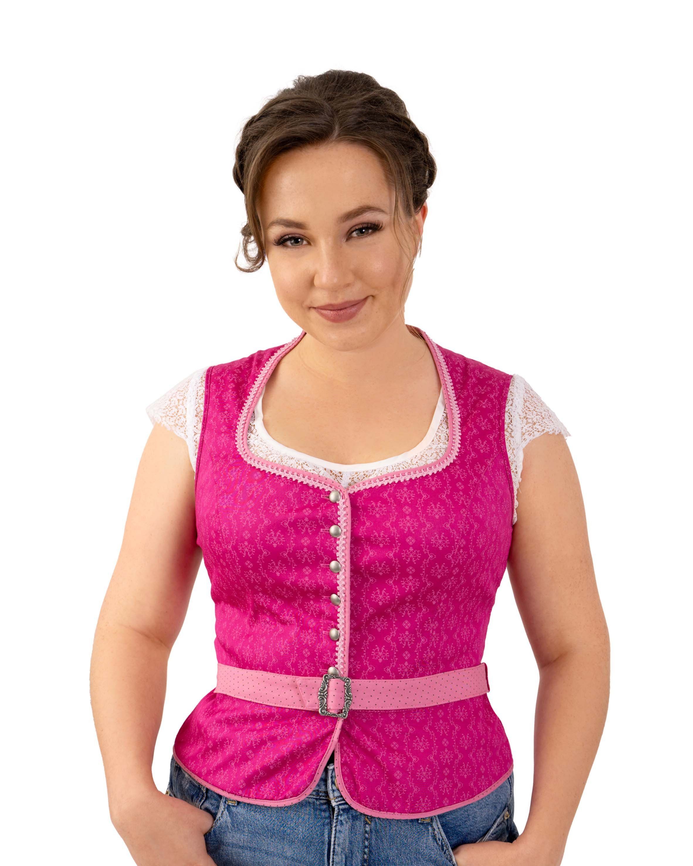Ramona Lippert Trachtenbluse Mieder Nicole pink mit Gürtel Knöpfe Rückenlänge 51 cm