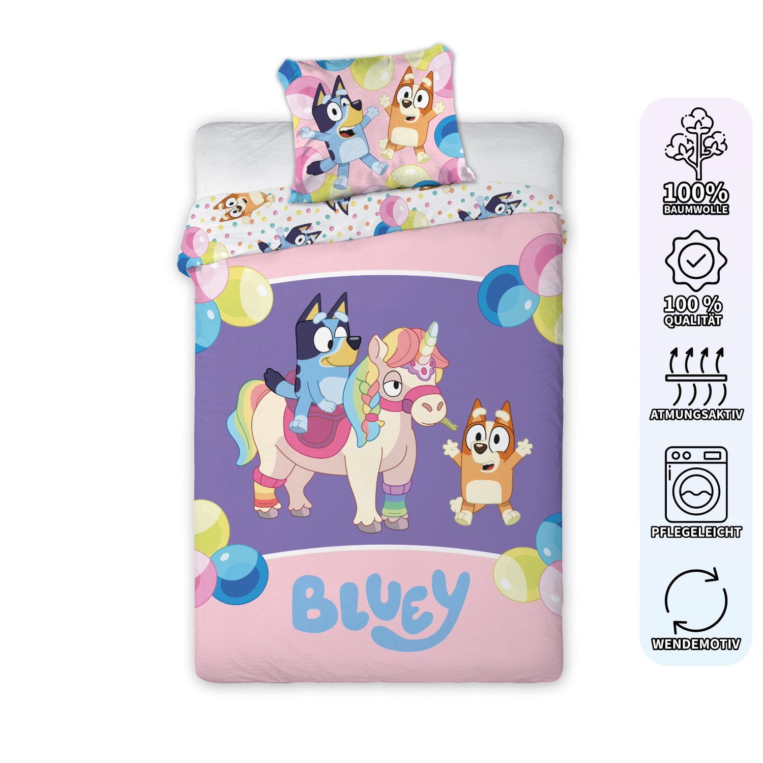 BrandMac Kinderbettwäsche Bluey Einhorn Bettwäsche Set 2 tlg. 135x200 cm 80x80cm Baumwolle, 1 teilig, Langlebig