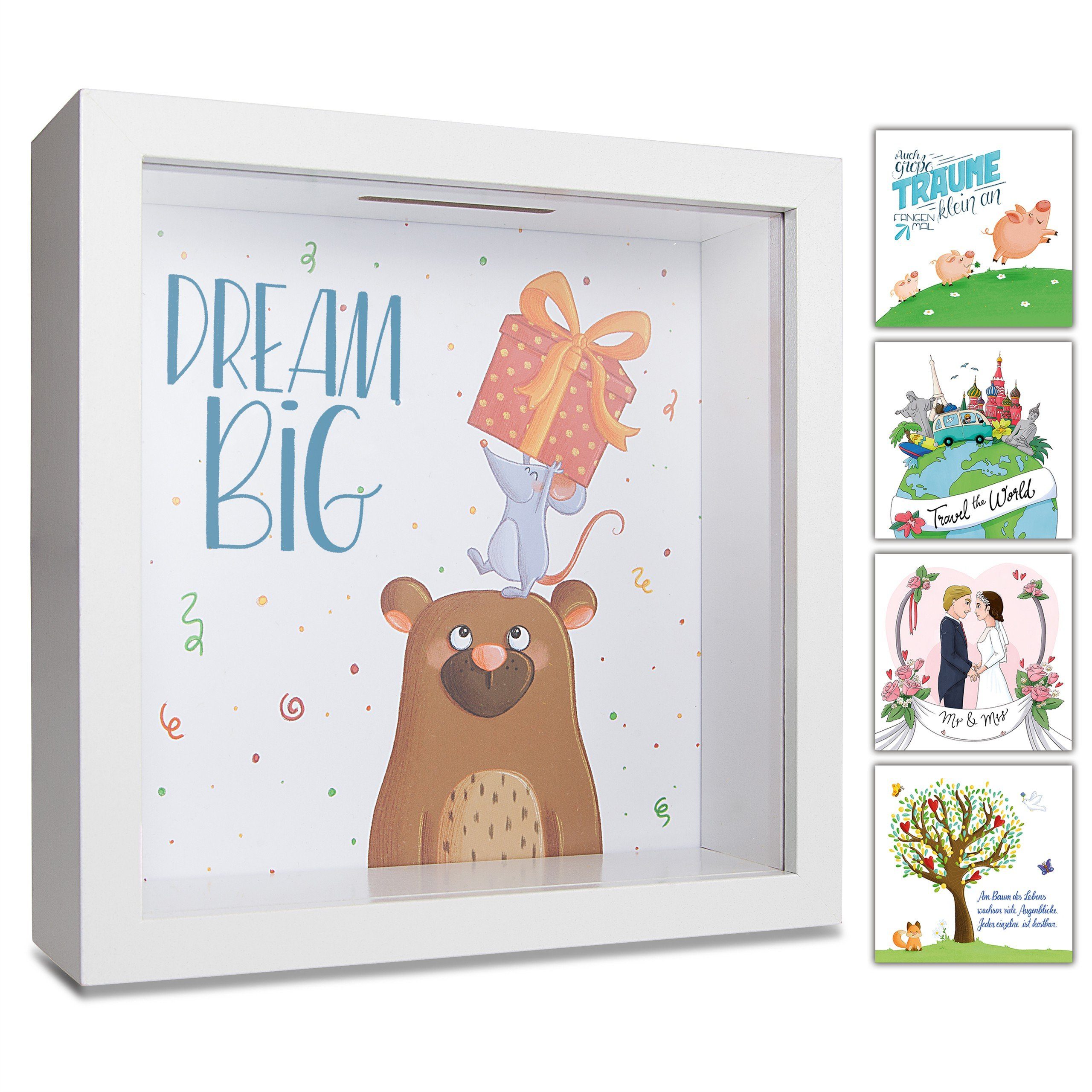 Kinder), the 6 zur GLÜCKSWOLKE Spardose World, Hochzeit, & Lebensbaum, Sparschwein, Travel Auswahl, I (Wunscherfüller, Geldgeschenke für Verpackung Motive Geburtstag Junge Dream Big, Mädchen Sparbüchse mit