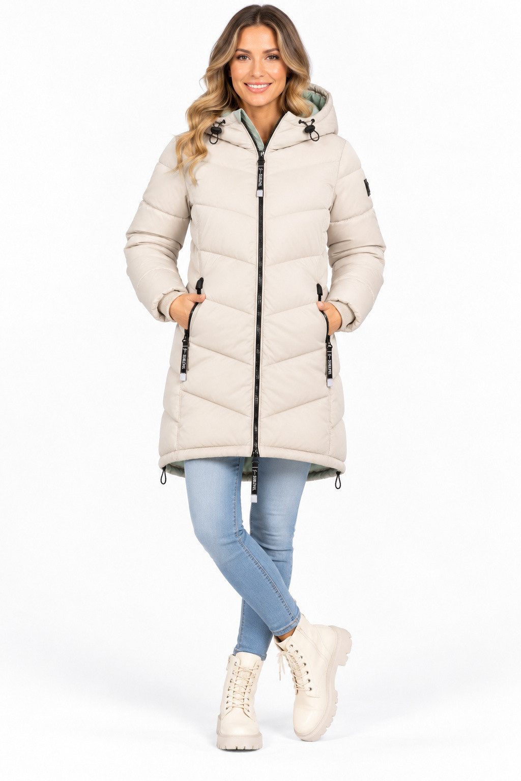 SUBLEVEL Steppjacke Damen Mantel mit Kapuze lange Winter Jacke Parka Stehkragen, Kapuze, flauschig, kuschelig, warm, Outdoor, Mantel – Bild 2 von 5