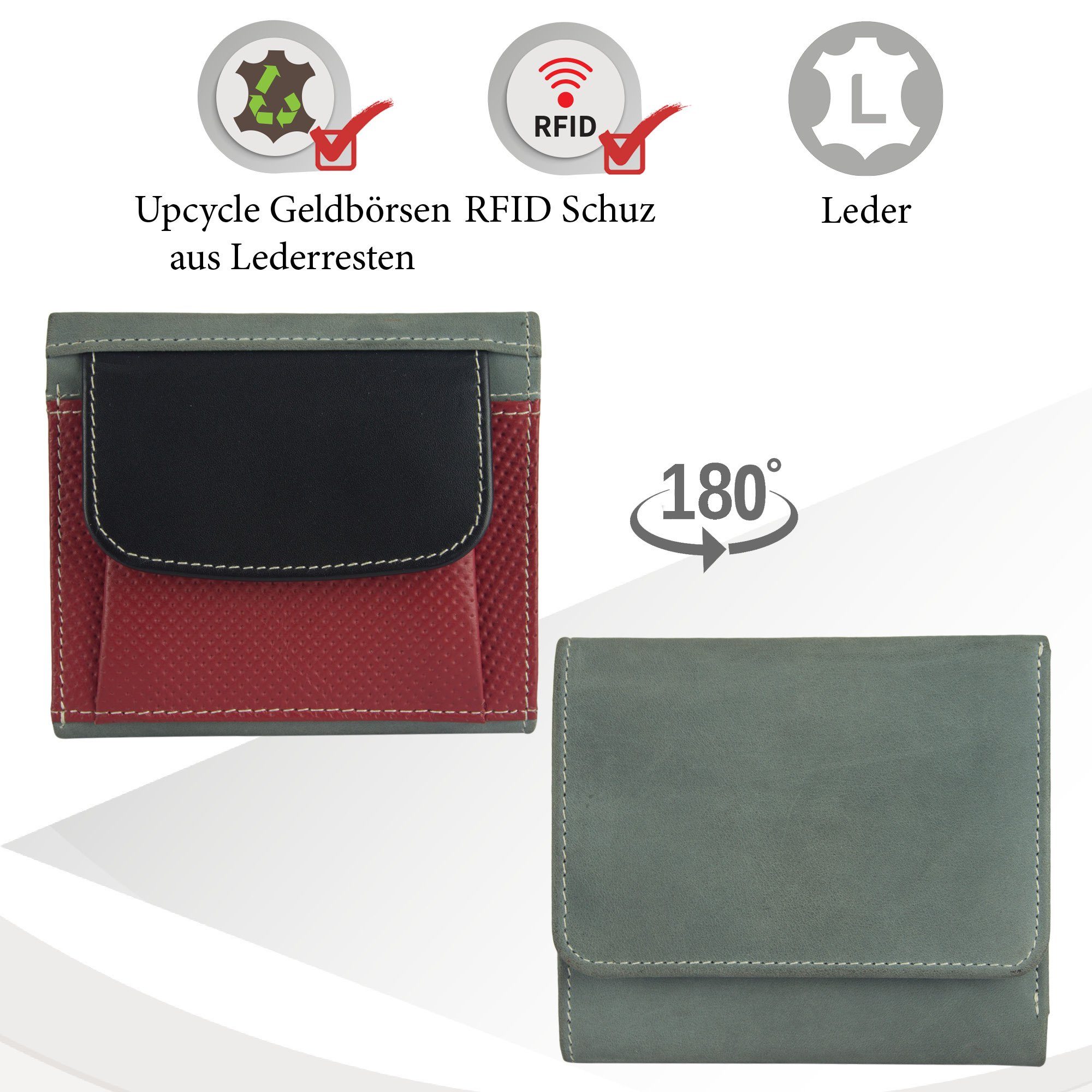 Brieftasche klein Leder, echt aus mit RFID-Schutz, Lederresten, grau/schwarz/rot Geldbörse Sunsa recycelten Damen, Portemonnaie Leder echt Geldbeutel Unisex