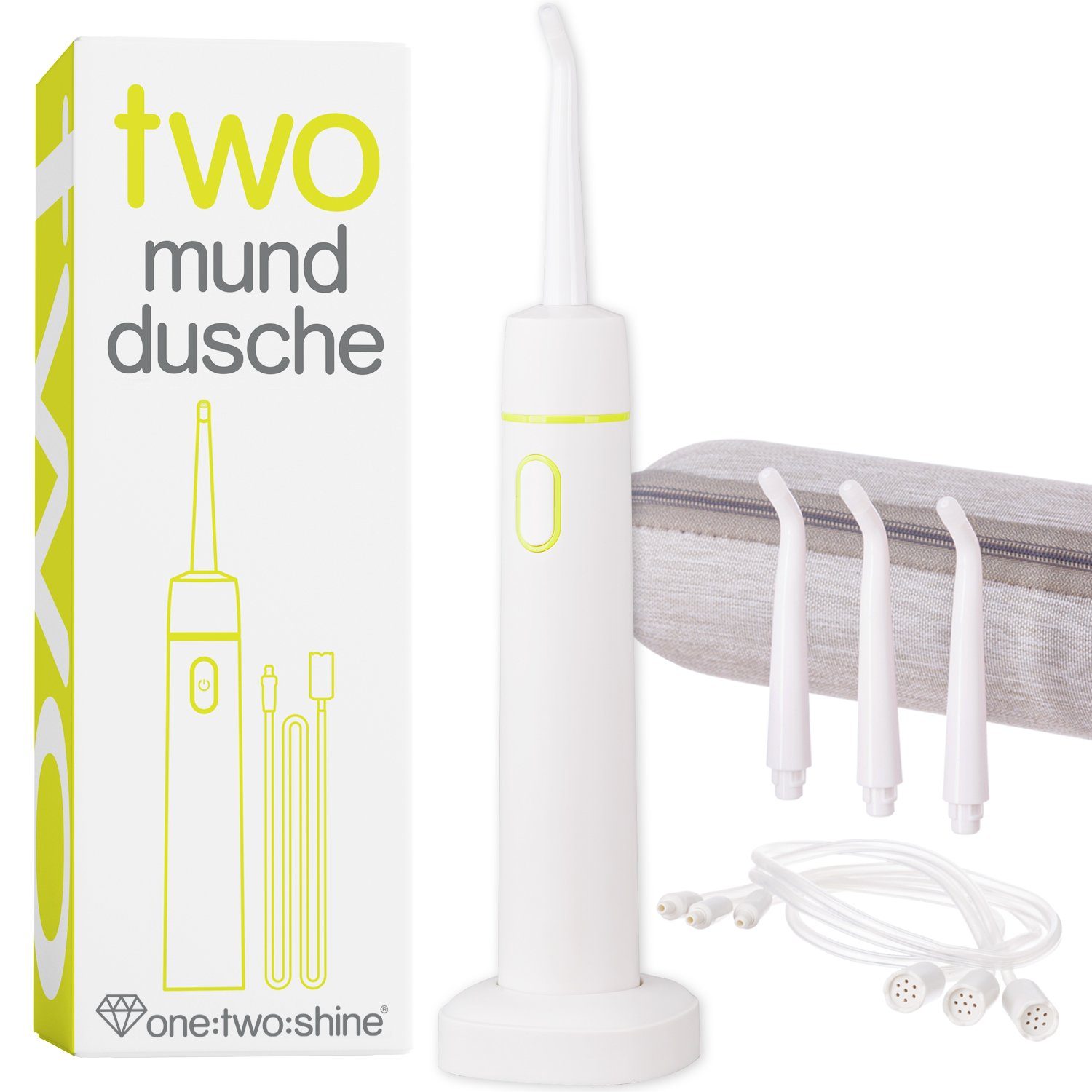 one:two:shine Reise-Munddusche TWO, klein, leicht, kabellos & elektrisch  für, Aufsätze: 3 St., zur effektiven Zahnzwischenraumreinigung