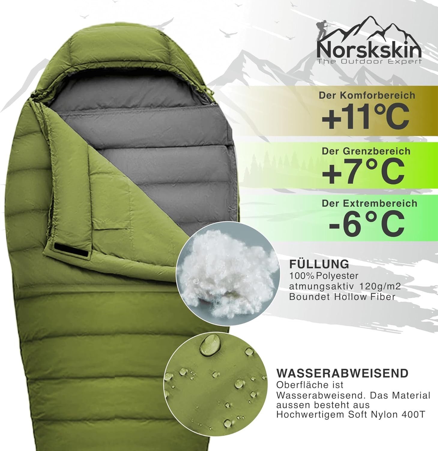 Norskskin Mumienschlafsack Mumienschlafsack Norskskin Ultralight 220 cm 900 Gram Schlafsack, Ultraleicht, Kopfkissenfach, Wärmekragen, 2 Wege Reißverschluss