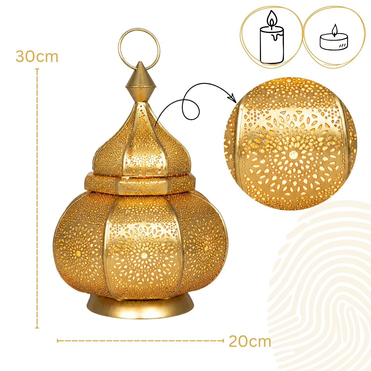 Marrakesch Orient & Mediterran Interior Teelichthalter Orientalisches Windlicht Lamis handgefertigt aus Metall in Gold 30 cm (1 St), Handarbeit