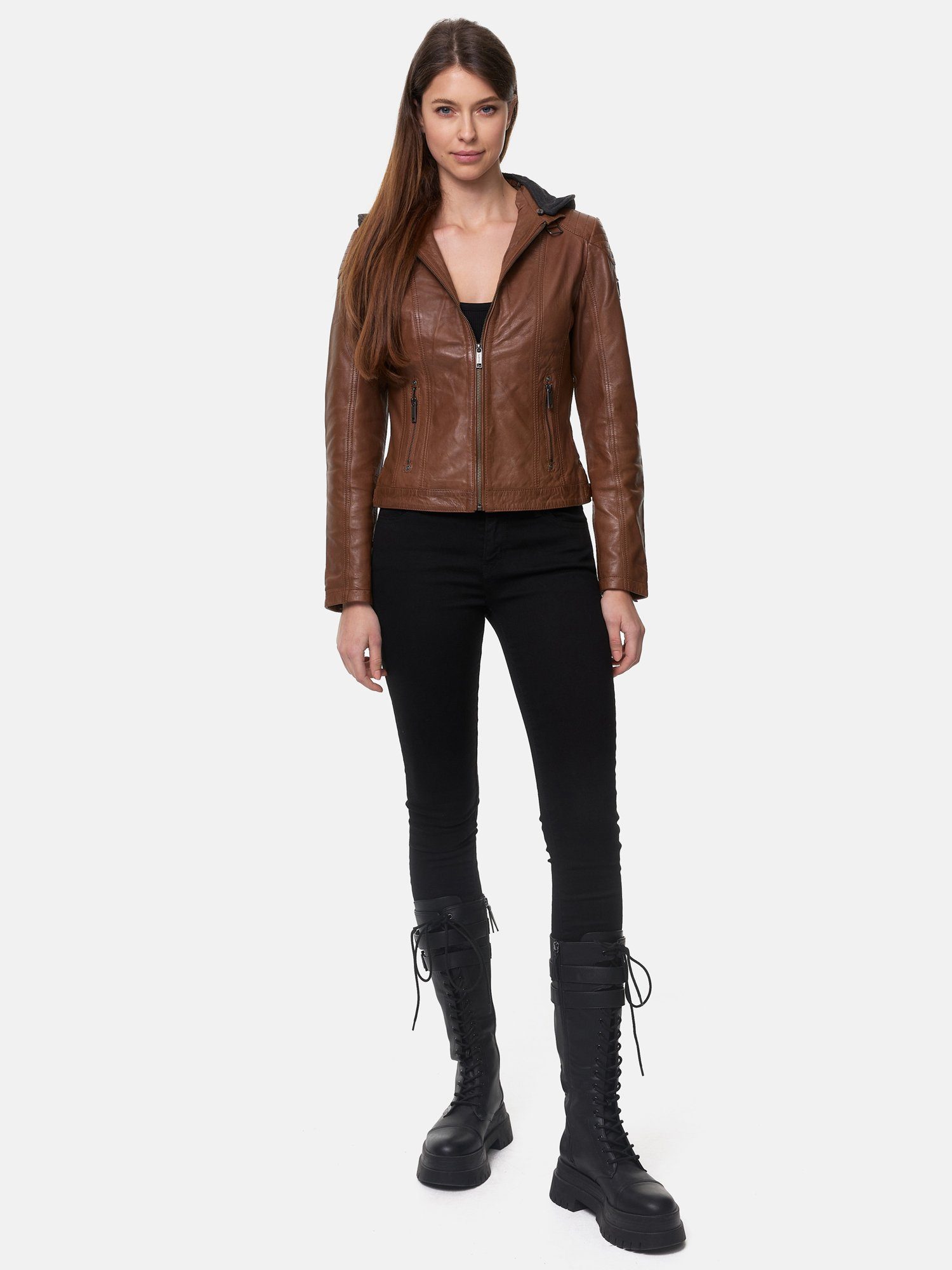 Damen F503 Biker abnehmbarer Lederjacke Tazzio Jacke im Kapuze mit Leder Look camel