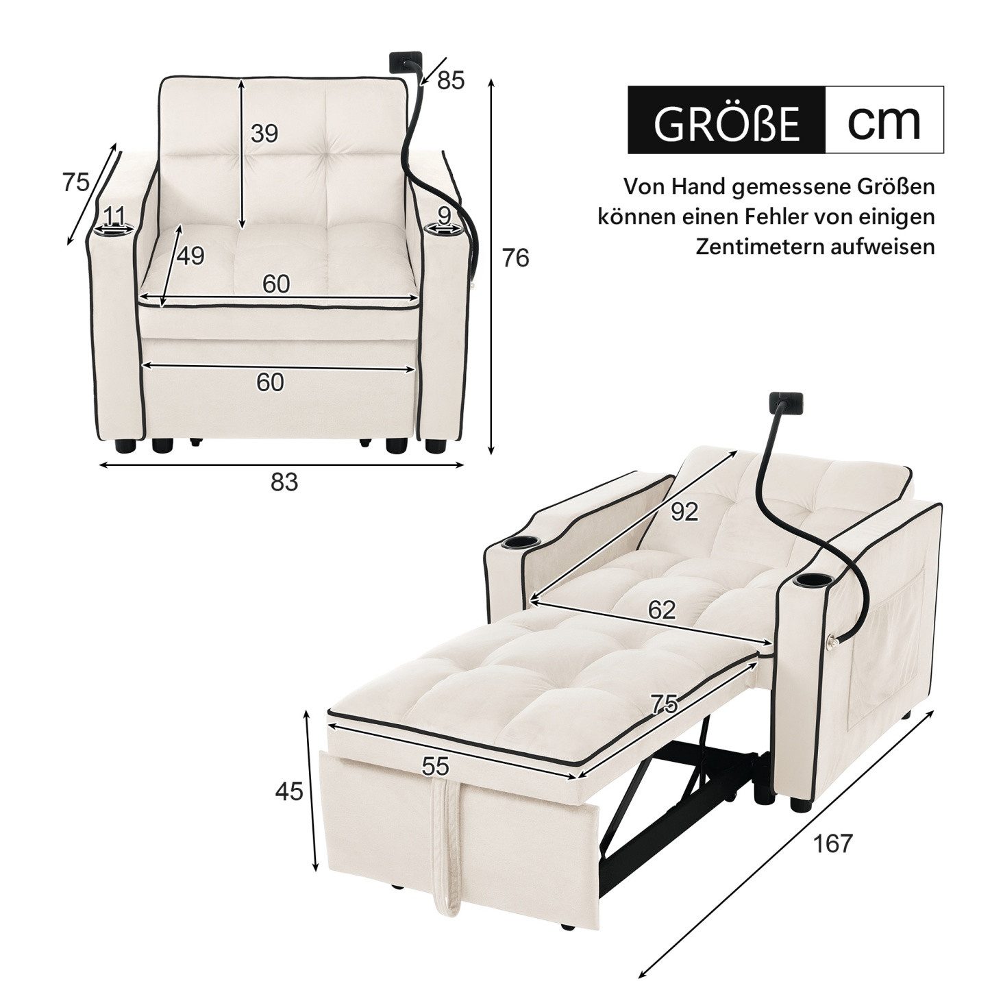IDEASY Schlafsofa Schlafsofa Sessel ausziehbar mit Getränkehaltern und Handyhalter, 3-fach verstellbare Rückenlehne, 2 Getränkehalter, Handyhalterung