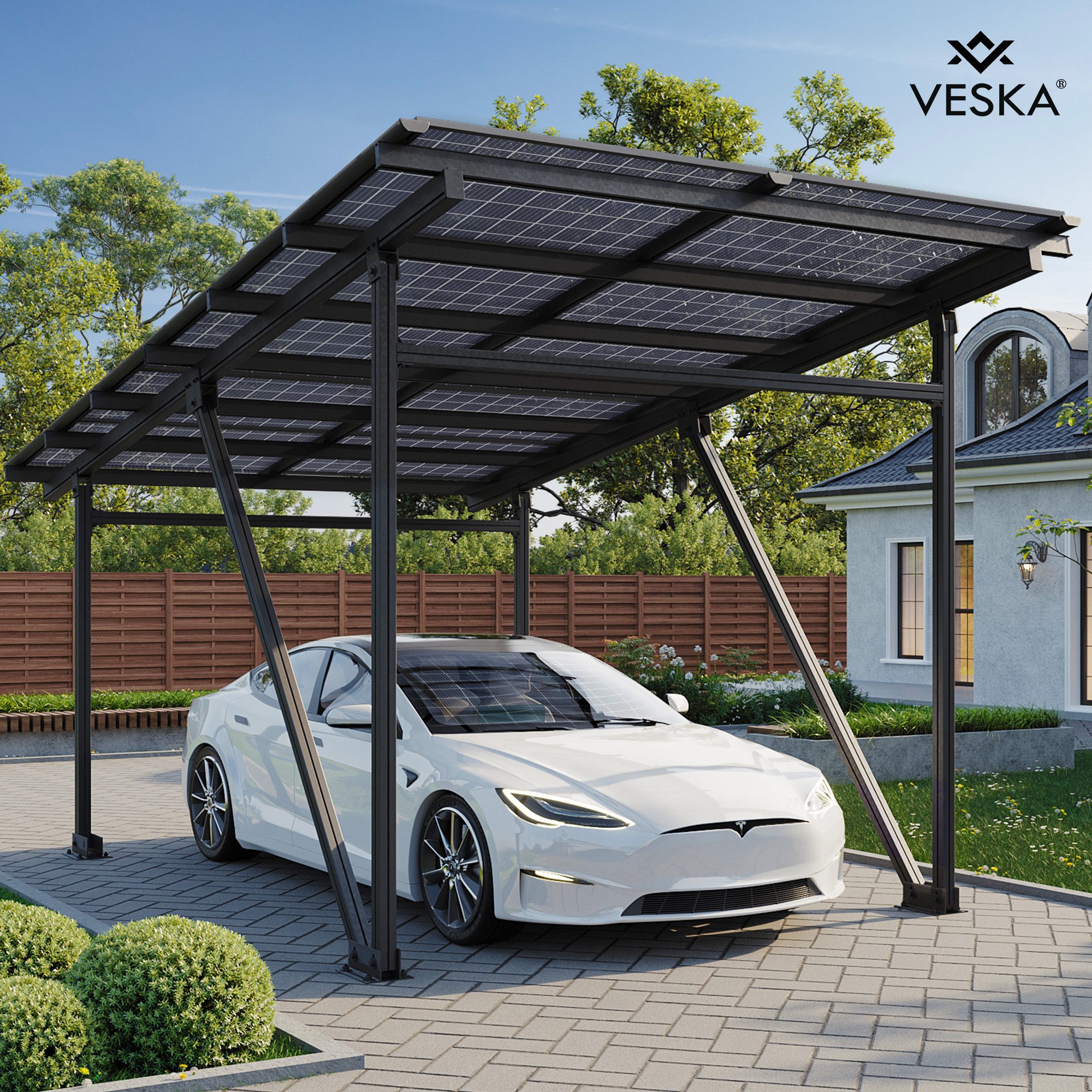 VESKA Solarmodul Solar Carport Glas/Glas PV Garage, 5250,00 W, Monokristallin, (Aluminium Solarcarport 5,60 x 3,70m - 5,25KW - EcoPort 5000Bi) – Bild 4 von 5