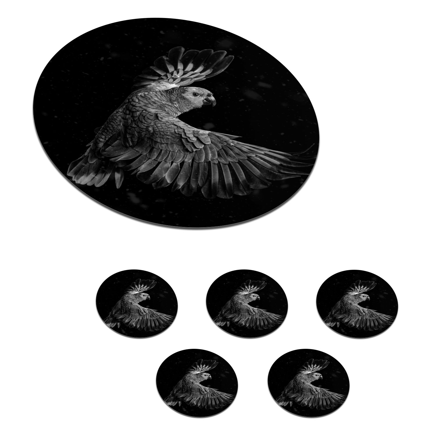 MuchoWow Glasuntersetzer Fliegende Papagei mit goldenen Federn auf einem schwarzen Hintergrund, Zubehör für Gläser, 6-tlg., Getränkeuntersetzer, Tassenuntersetzer, Korkuntersetzer, Tasse, Becher