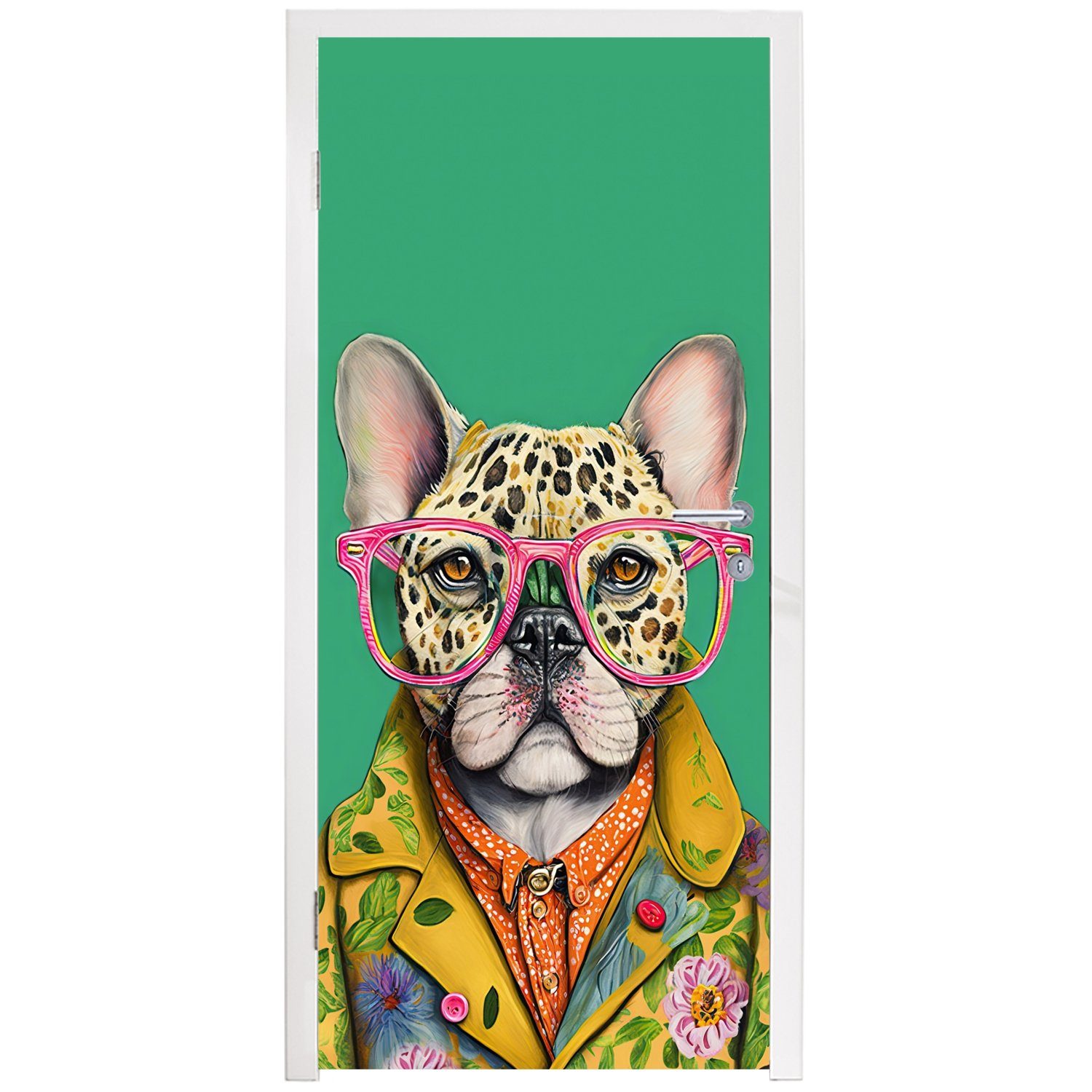 Tiere, MuchoWow bedruckt, St), Türaufkleber, - Hund Türtapete Matt, 75x205 - cm (1 Bulldogge Fototapete - - für Design Tür, Brille