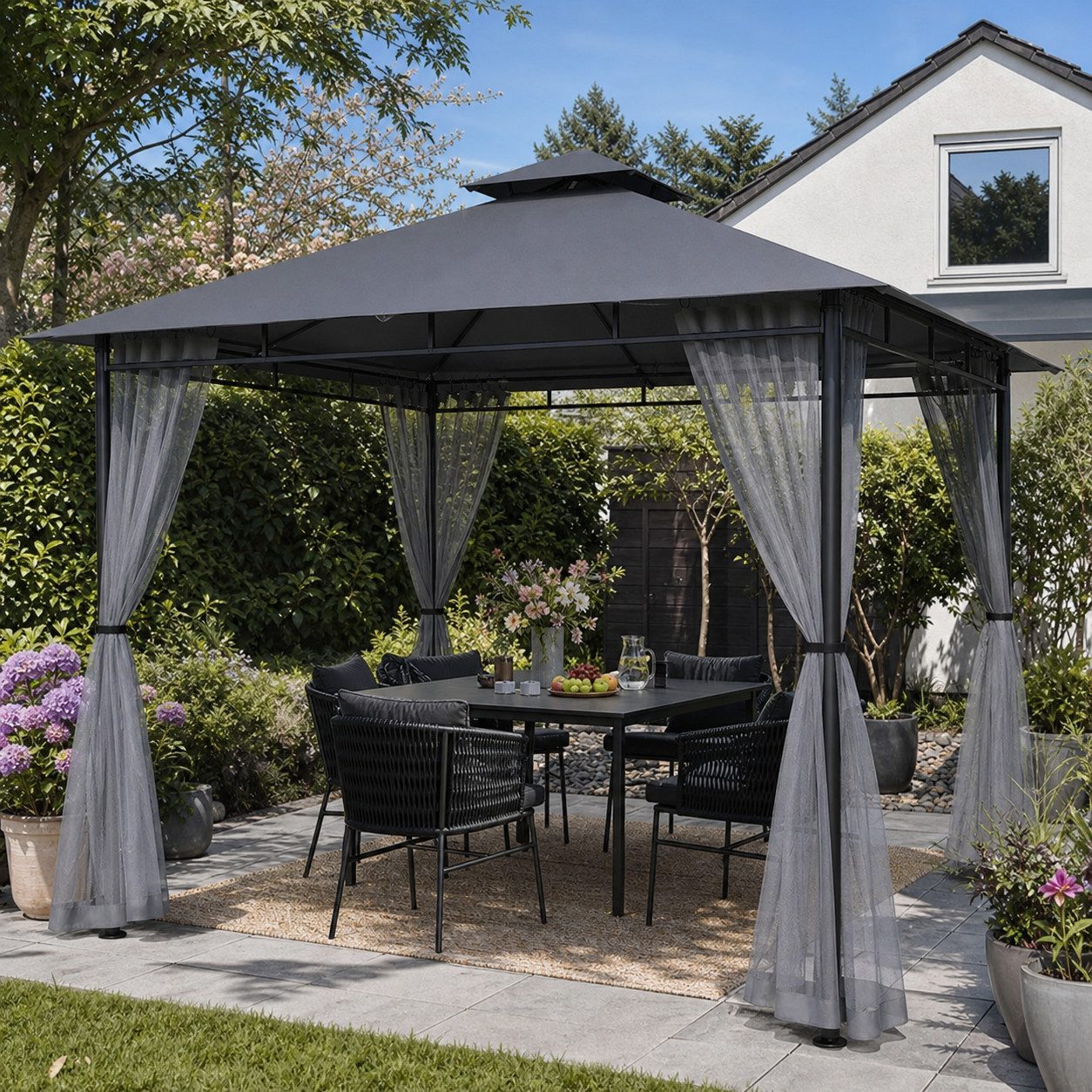 Sekey Pavillon 3 x 3m Pavillon Partyzelt Gartenpavillon mit Moskitonetz, Doppeldach, mit 4 Seitenteilen, Stabil, Wasserdicht, Winfest, Sonnenschutz