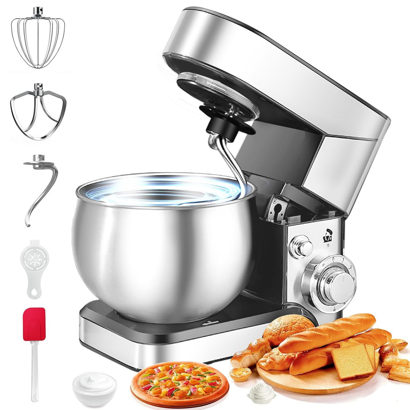 Forrlite Küchenmaschine 6 Geschwindigkeit Reduzierte GeräUsche,Mit RüHrbesen,RüHrhaken,SpritzwassergeschüTzter Knetmaschine Mit Knethaken [Energieklasse A+++], 1500 W