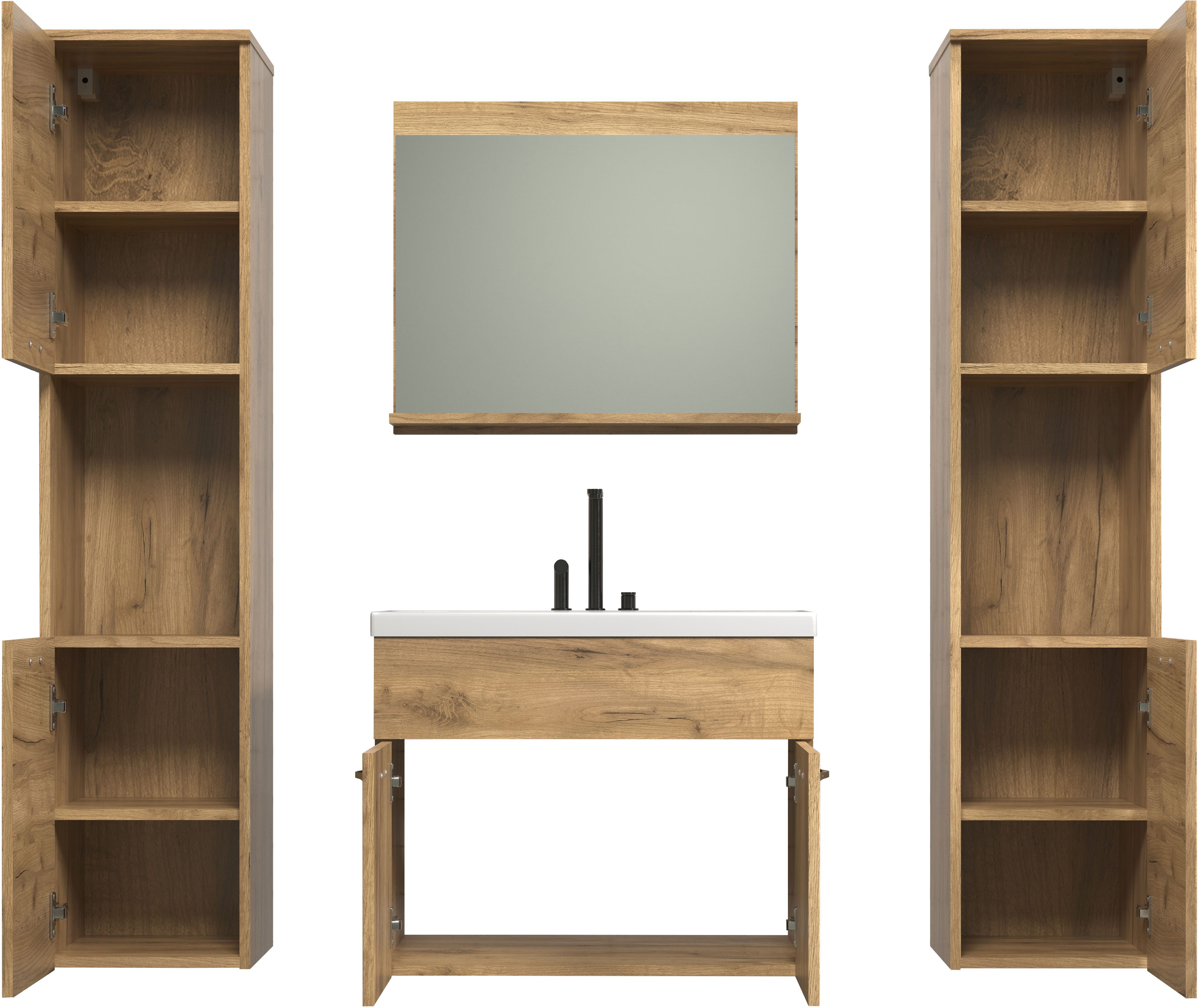 welltime Badezimmer-Set Kuba, (Komplett-Set, 4-St), Hängeschränke, Waschtisch mit Waschbecken und Wandspiegel mit Ablage