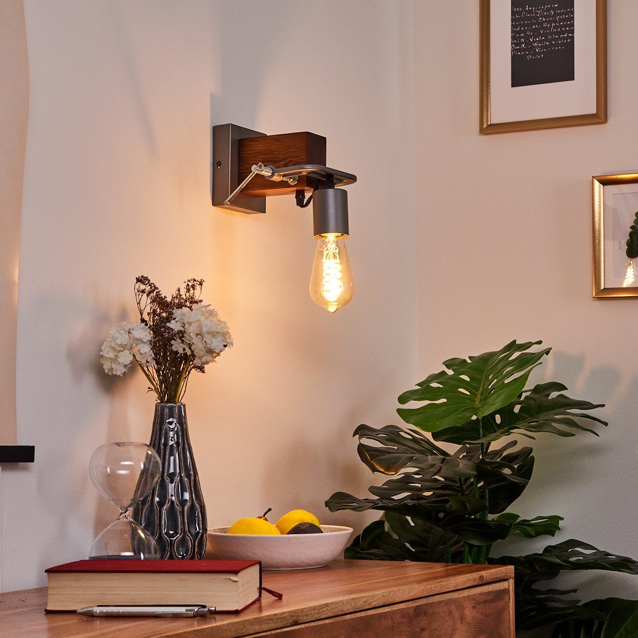 hofstein Wandleuchte »Zinga« Wandlampe Metall grau und Holz, Retro/Vintage Look Zimmerlampe 1-flammig, 1 x E27 max. 60 Watt, für LED Leuchtmittel geeignet
