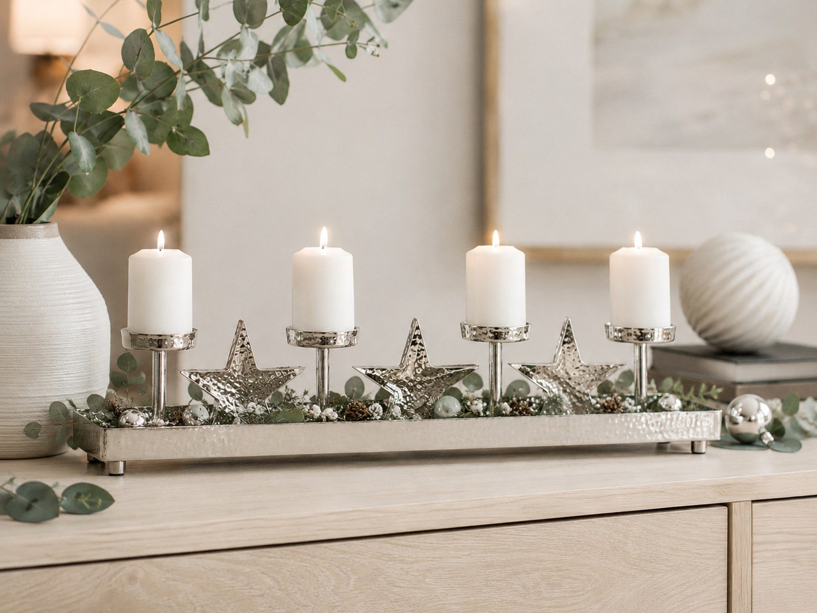 RIFFELMACHER & WEINBERGER Adventsleuchter Silberner Adventskerzenhalter mit Sternen 70x11x12