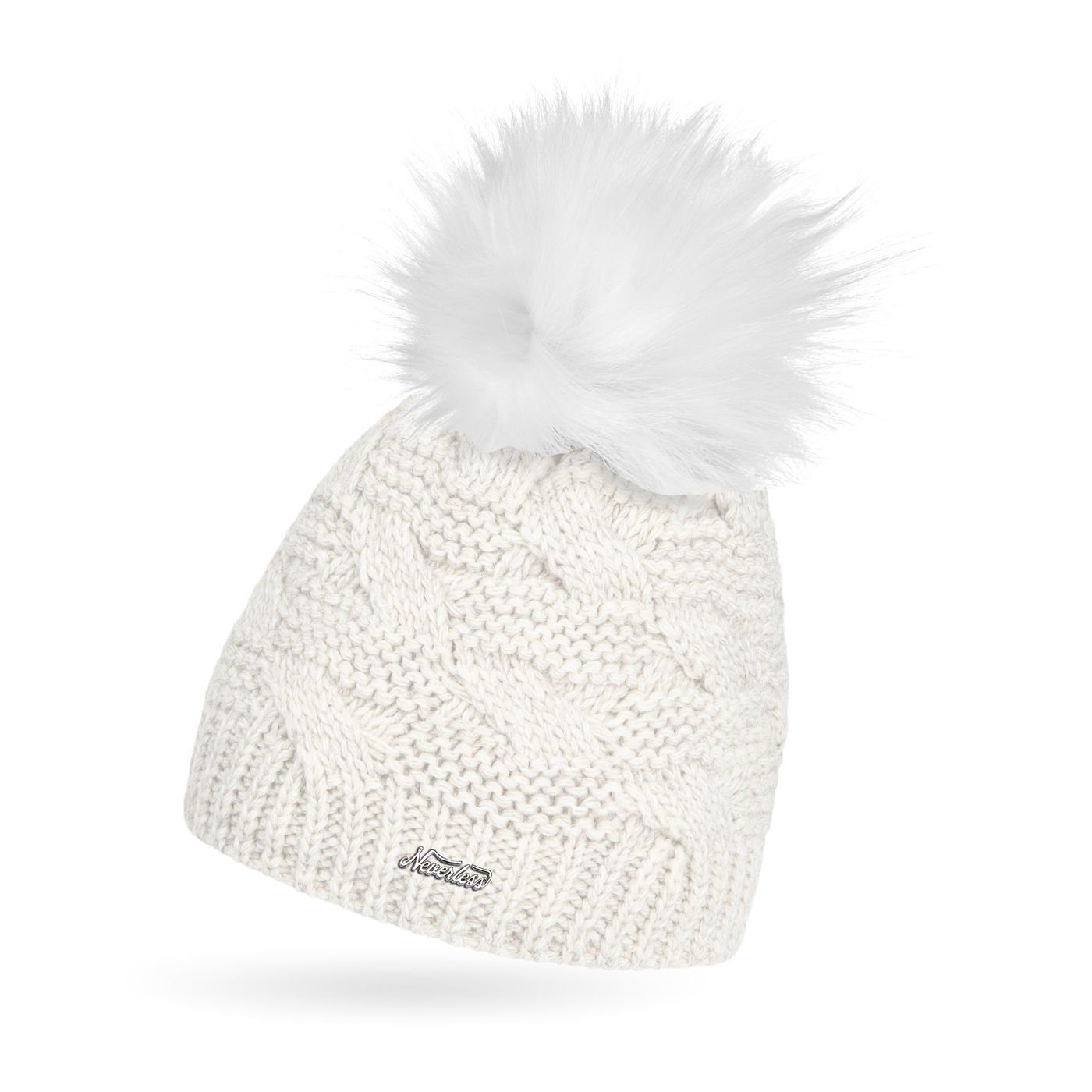 Neverless Bommelmütze Damen Strick-Mütze Winter Grobstrick Gefüttert Fleece Fell-Bommel Kuns