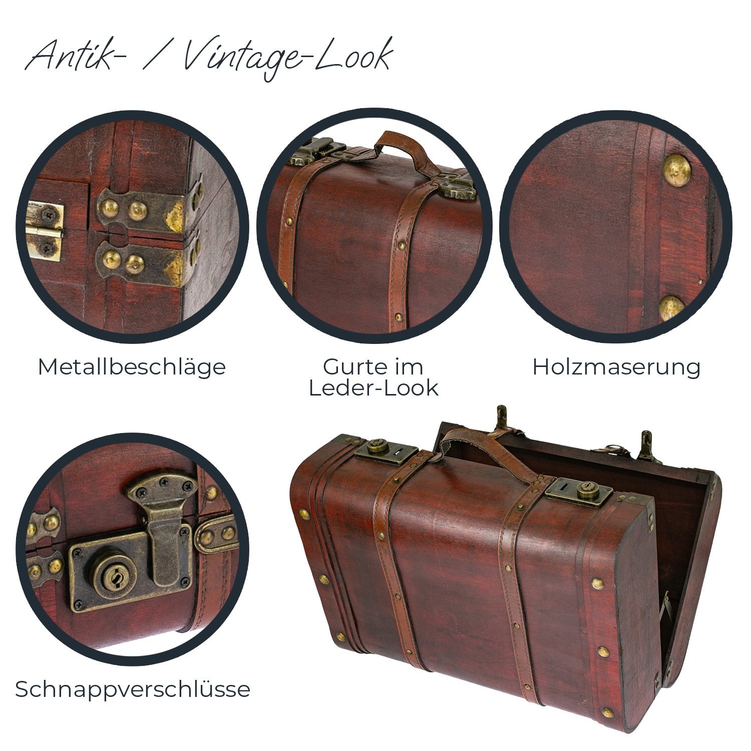 HMF Schatzkiste Schatztruhe aus Holz große Schatzkiste mit Schnappverschlüssen Vintage (1 St), Koffer für Kindergeburtstag Hochzeit Jubiläum, 45 x 30,5 x 20 cm, – Bild 4 von 5