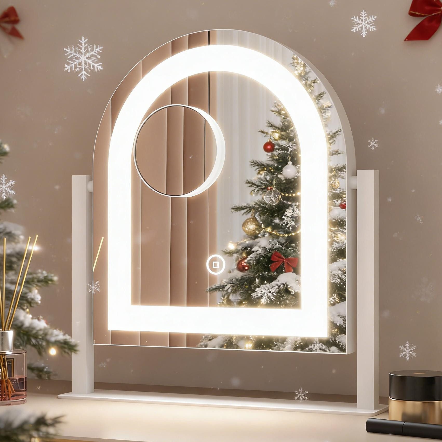 WDWRITTI Schminkspiegel mit beleuchtung Rund Bogen LED Kosmetikspiegel 10x Vergrößerung (Tischspiegel, 3Lichtmodi+Dimmbar+Memory), 360°Drehbar, mit Netzadapter