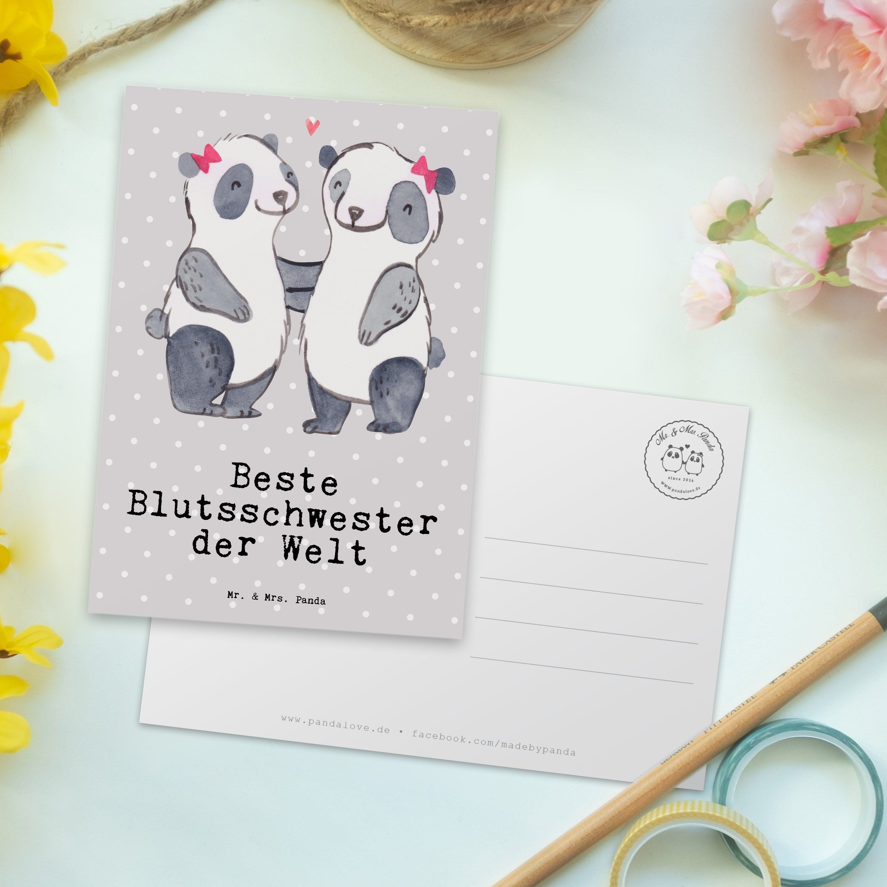 Mr. & Mrs. Pastell Geburt der Geschenk, Panda Postkarte Blutsschwester - Grau - Panda Beste Welt