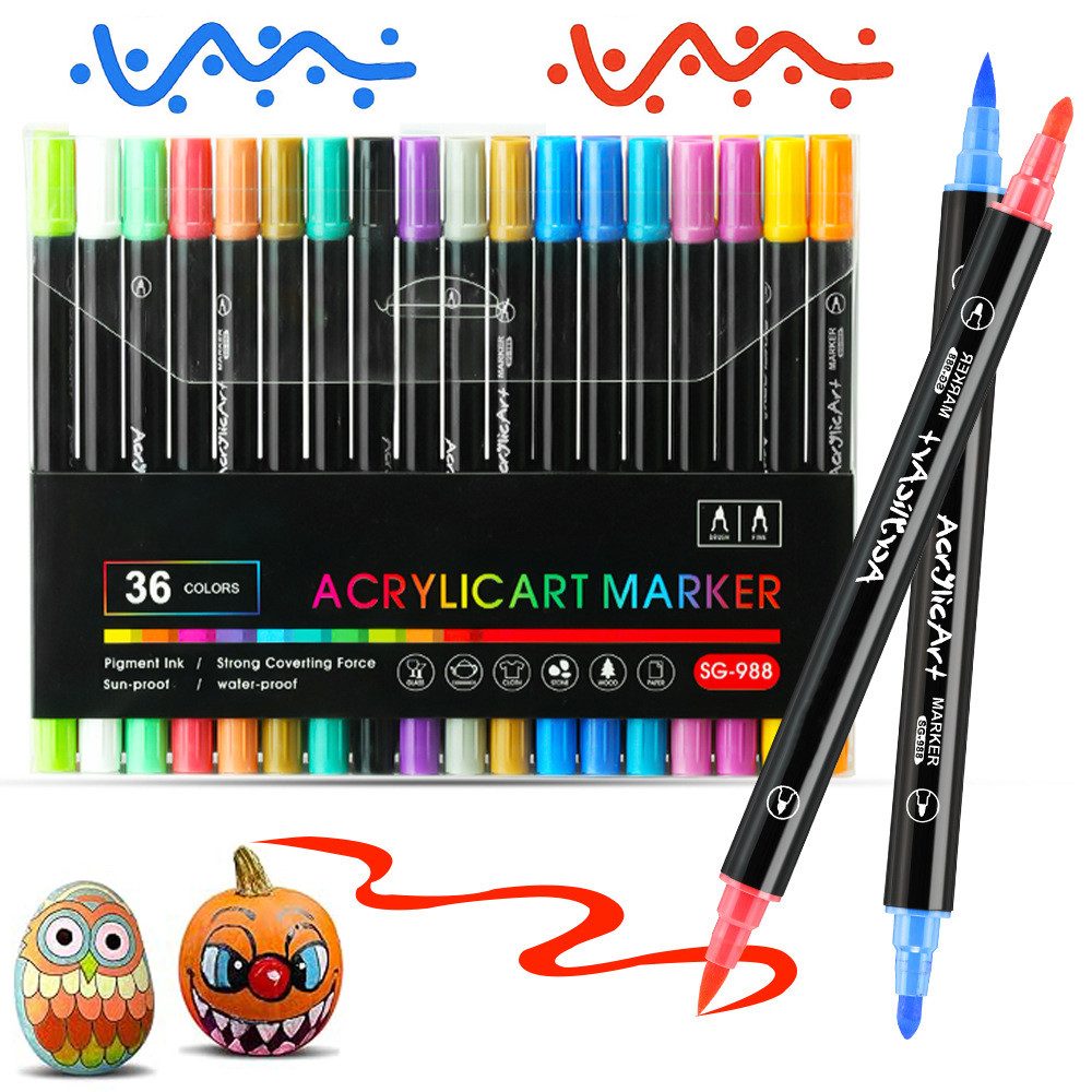 MOPUEA Filzstift Acrylstifte für Steine 36 Farben Wasserfest Dual Tip Marker Stifte, (dreieckiges Schaftdesign, das die Haltung des Stiftes verbessert, 36-tlg), Dual Tip wasserfest Stifte Ideales Kindertagsgeschenk