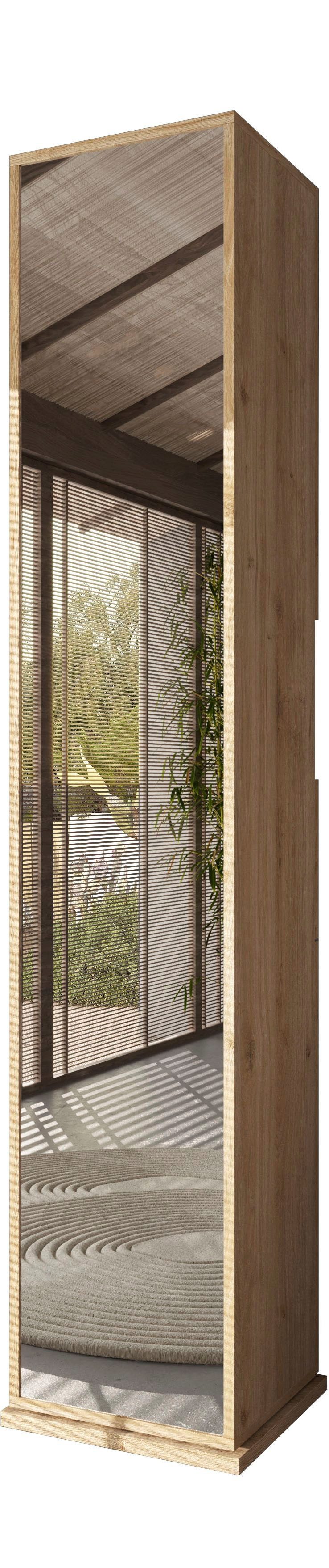 welltime Hochschrank Hamburg Höhe 185 cm, Breite 35/37 cm, Badschrank drehbar, 2 Türen, 1 Schubkasten, 1 offenes Fach, mit Spiegel, Metallhaken, Metallgriff