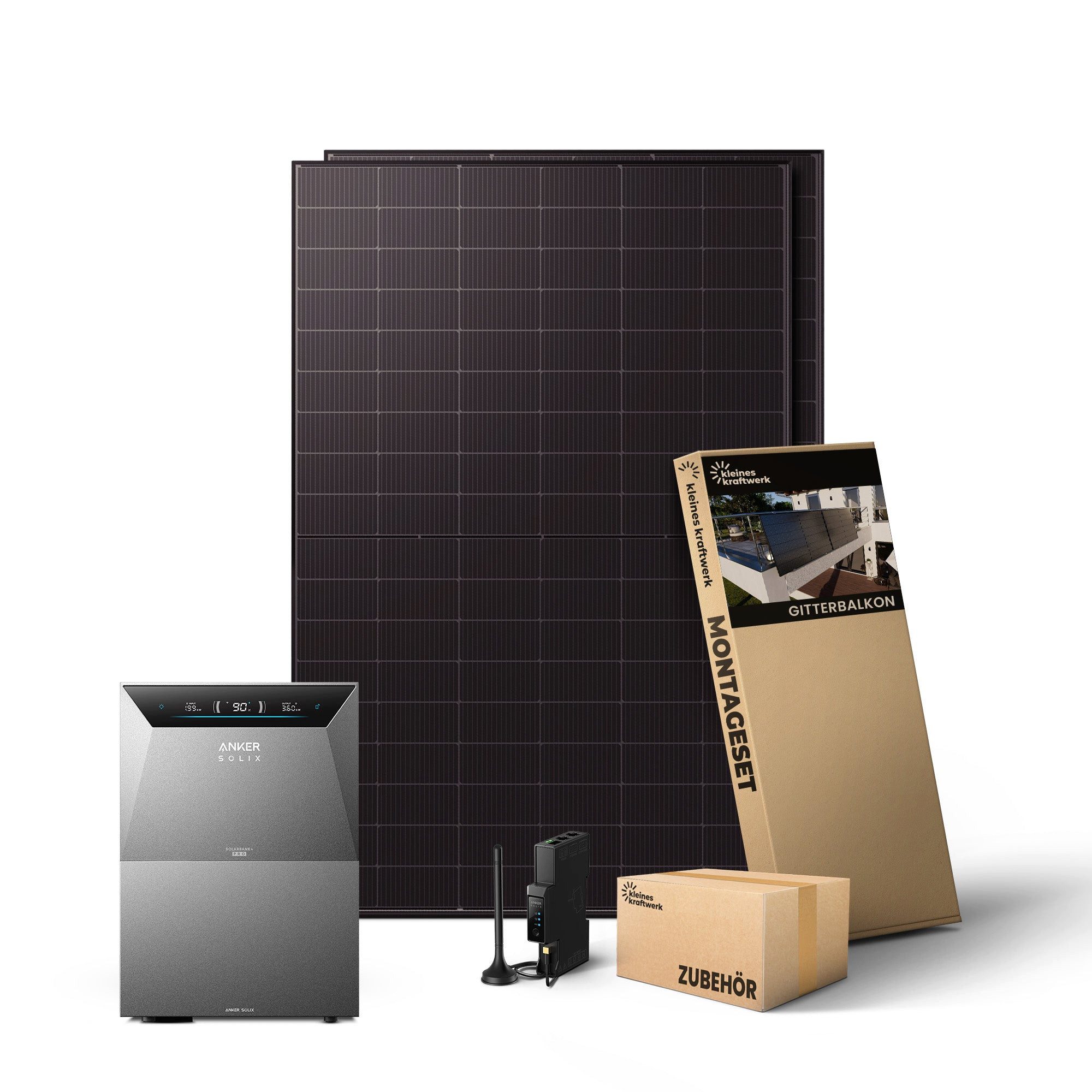 Kleines Kraftwerk Balkonkraftwerk, 1000 W, Monokristallin, (Gitterbalkon, Solaranlage Komplettset mit Speicher), 2 x 500W, Anker Solarbank 4 Pro