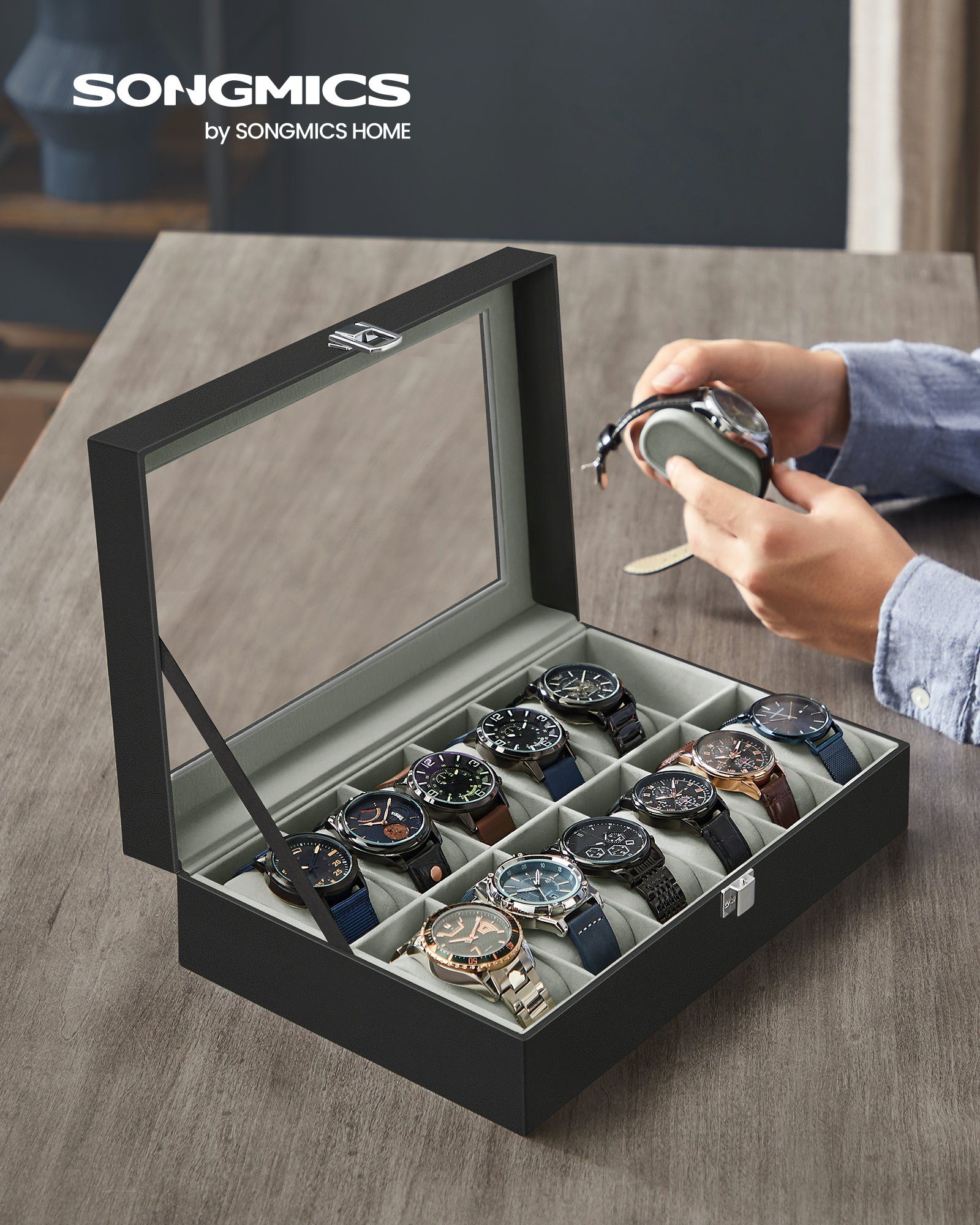 SONGMICS Uhrenbox 12 Fächern, Uhrenkasten, Premium-Uhrenschatulle, 20,2 x 30,2 x 7,8 cm, herausnehmbaren Uhrenkissen,PU-Bezug in Schwarz,Samtfutter in Grüngrau