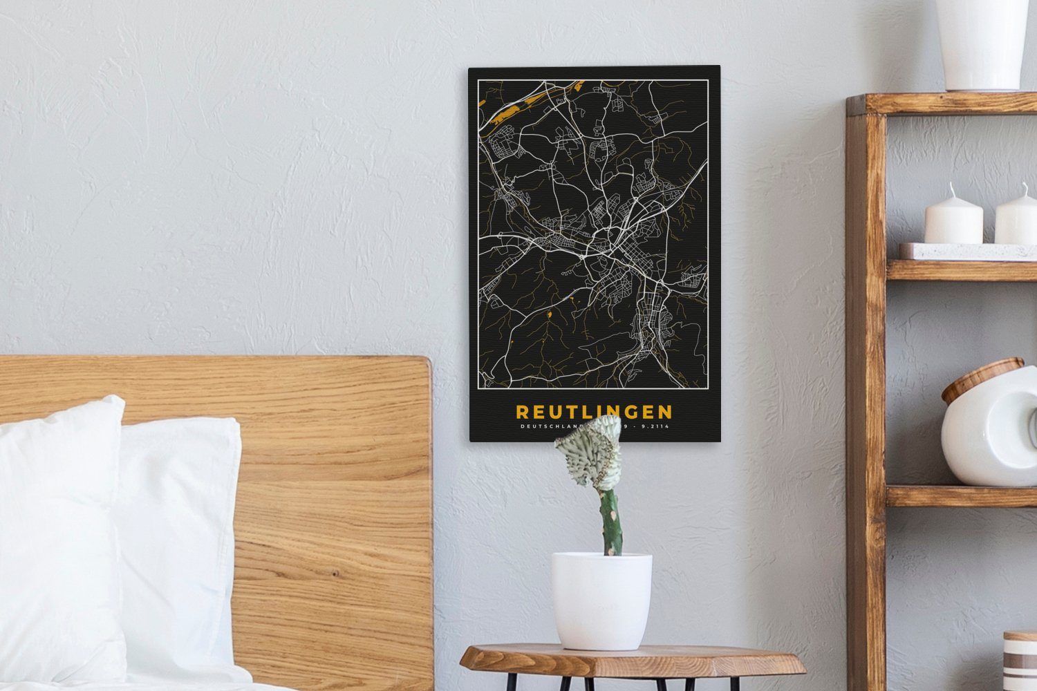 bespannt Leinwandbild 20x30 (1 Leinwandbild OneMillionCanvasses® Zackenaufhänger, Gold fertig - - - Reutlingen inkl. cm Stadtplan - St), Gemälde, Karte Deutschland,