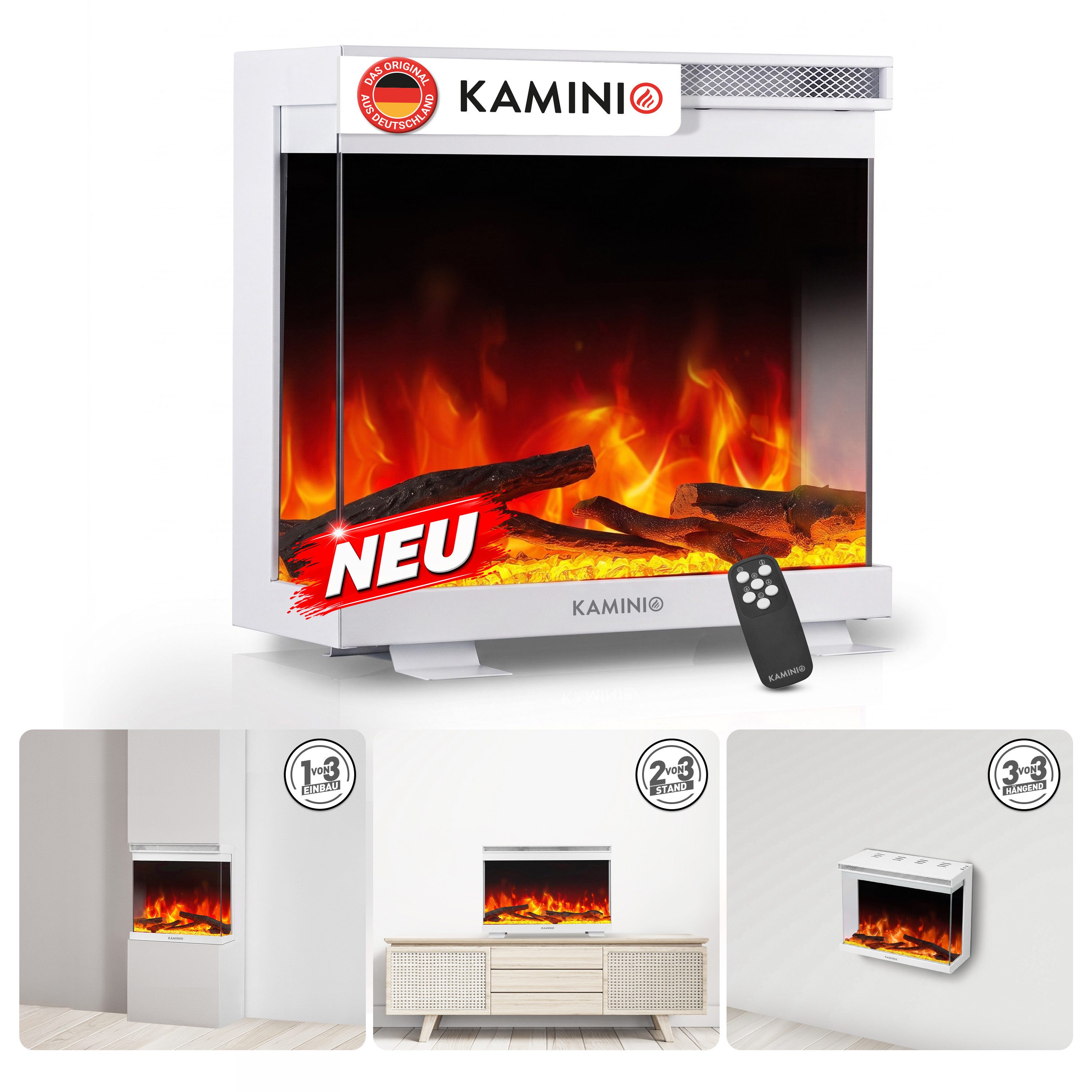 KAMINIO Elektrokamin LEA, 3in1 Kamin: Elektrischer Stand-, Wand- und Einbaukamin, Panoramaview