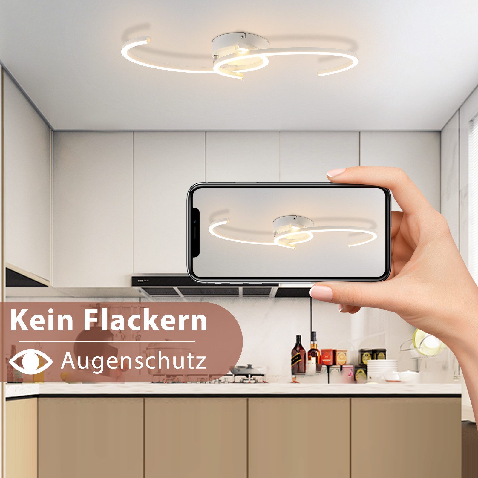 ZMH LED Deckenleuchte Wohnzimmer 24W Deckenlampe Modern 3000K für Flur Küche, Augenschutz, Einfache Installtion, LED fest integriert, Warmweiß, Küchenlampe 330° Drehbarer Weiß Esszimmer